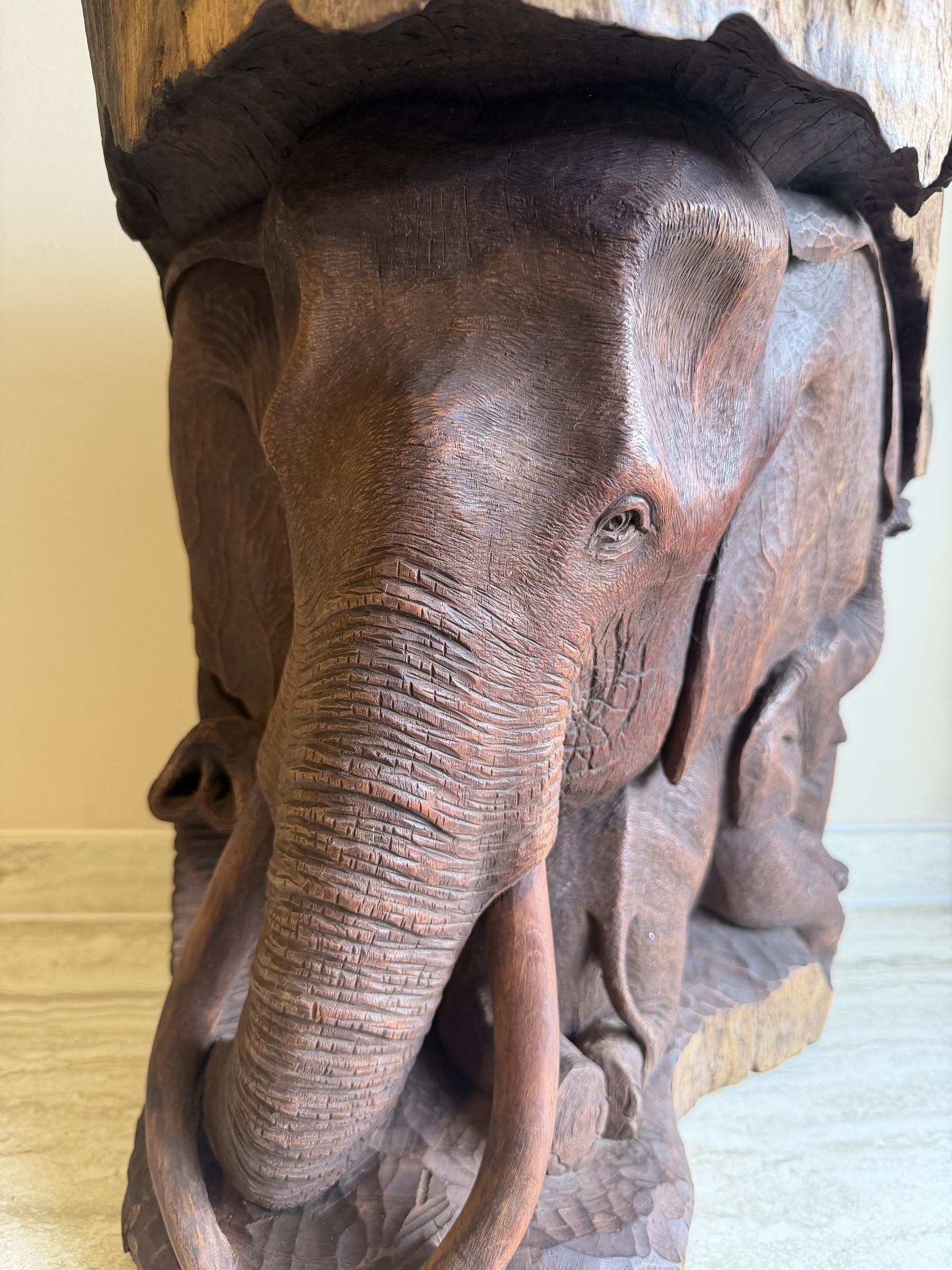 Elephant Mother and Calf Tree Trunk Carving view 7