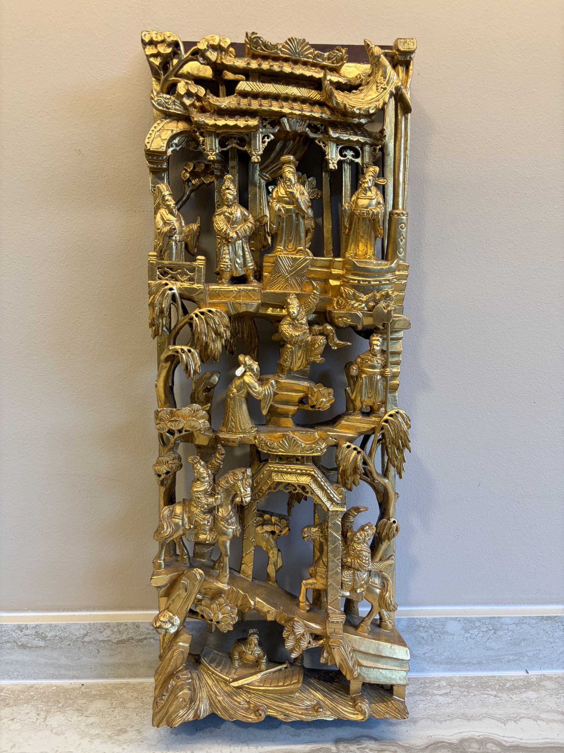Teochew Gilt Woodcarving Panel with Pavilion Scenes view 4