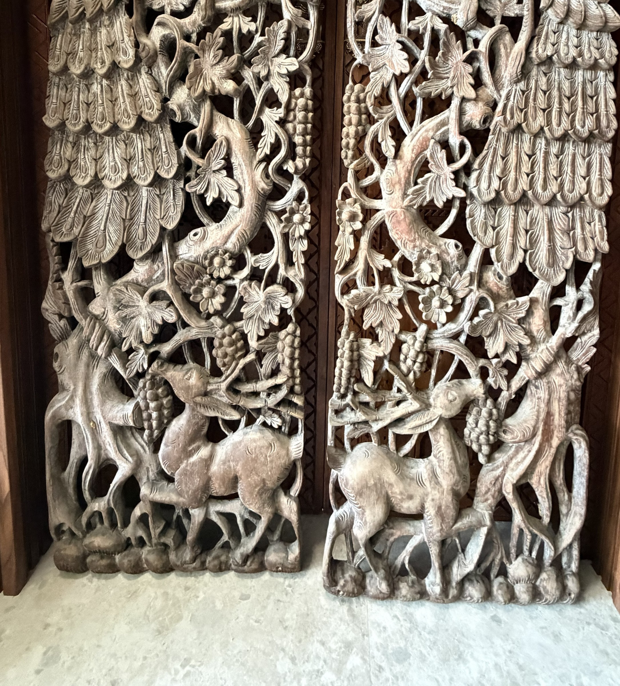Pair of Carved Teak Wall Panels with Peacocks and Grapevines view 8