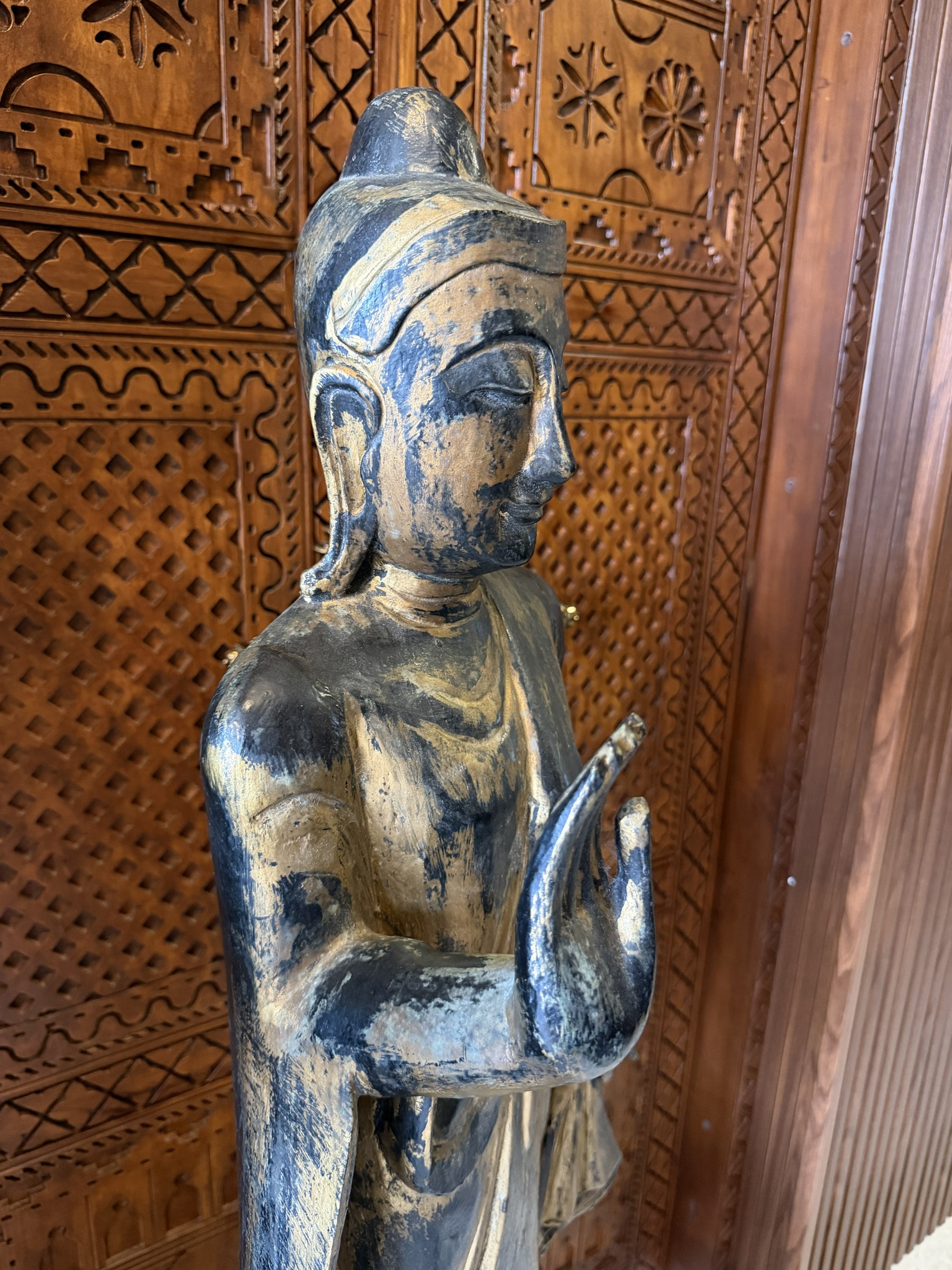 Carved Wood Standing Buddha with Carved Stand view 8
