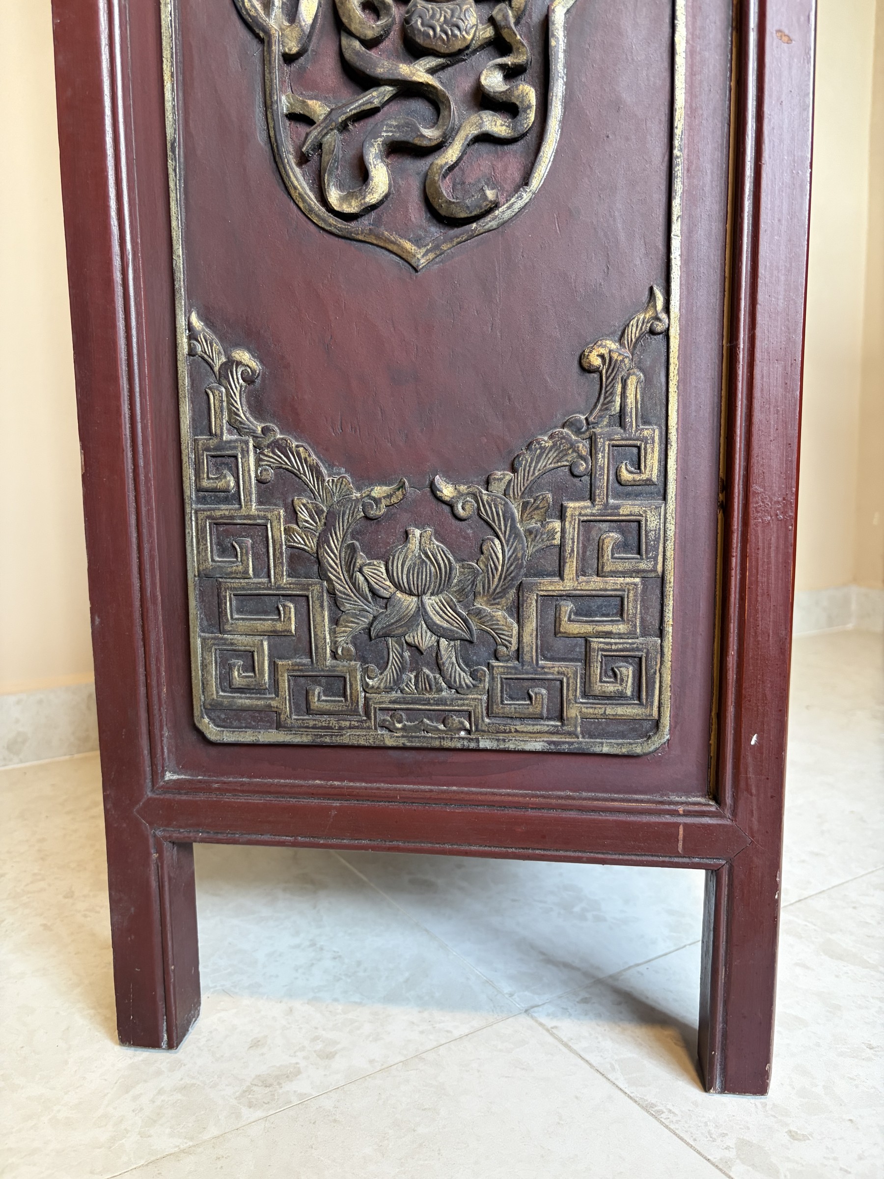 Teochew Red Lacquer Cabinet with Gilt Carved Panels view 9