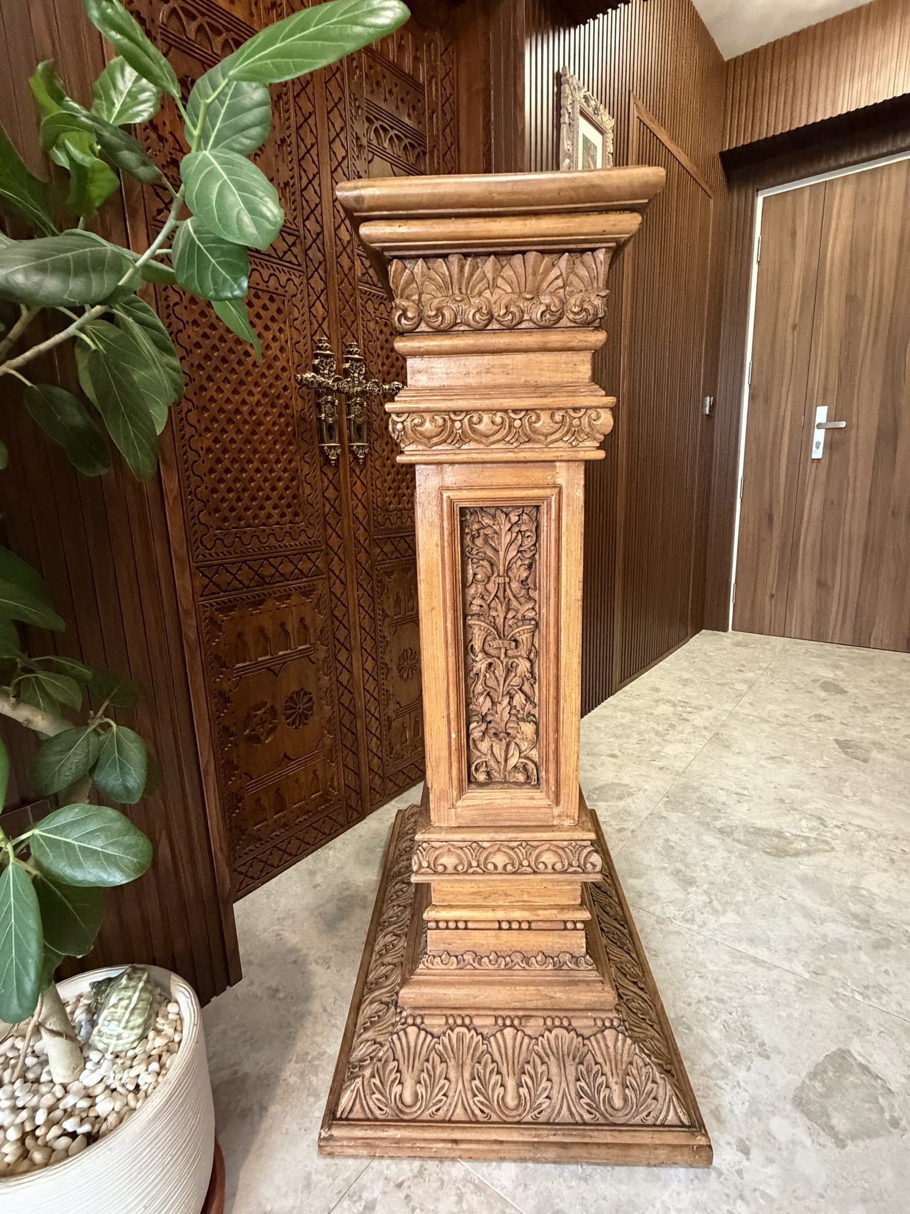 Carved Teak Pedestal with Lion and Acanthus Panels view 9