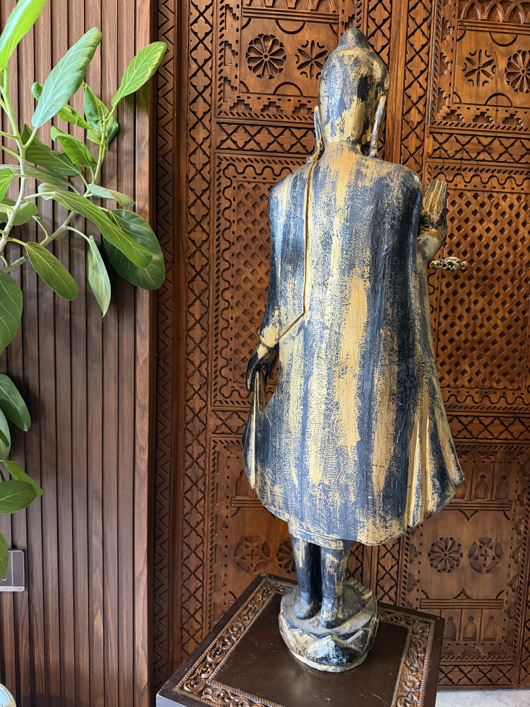 Carved Wood Standing Buddha with Carved Stand view 9