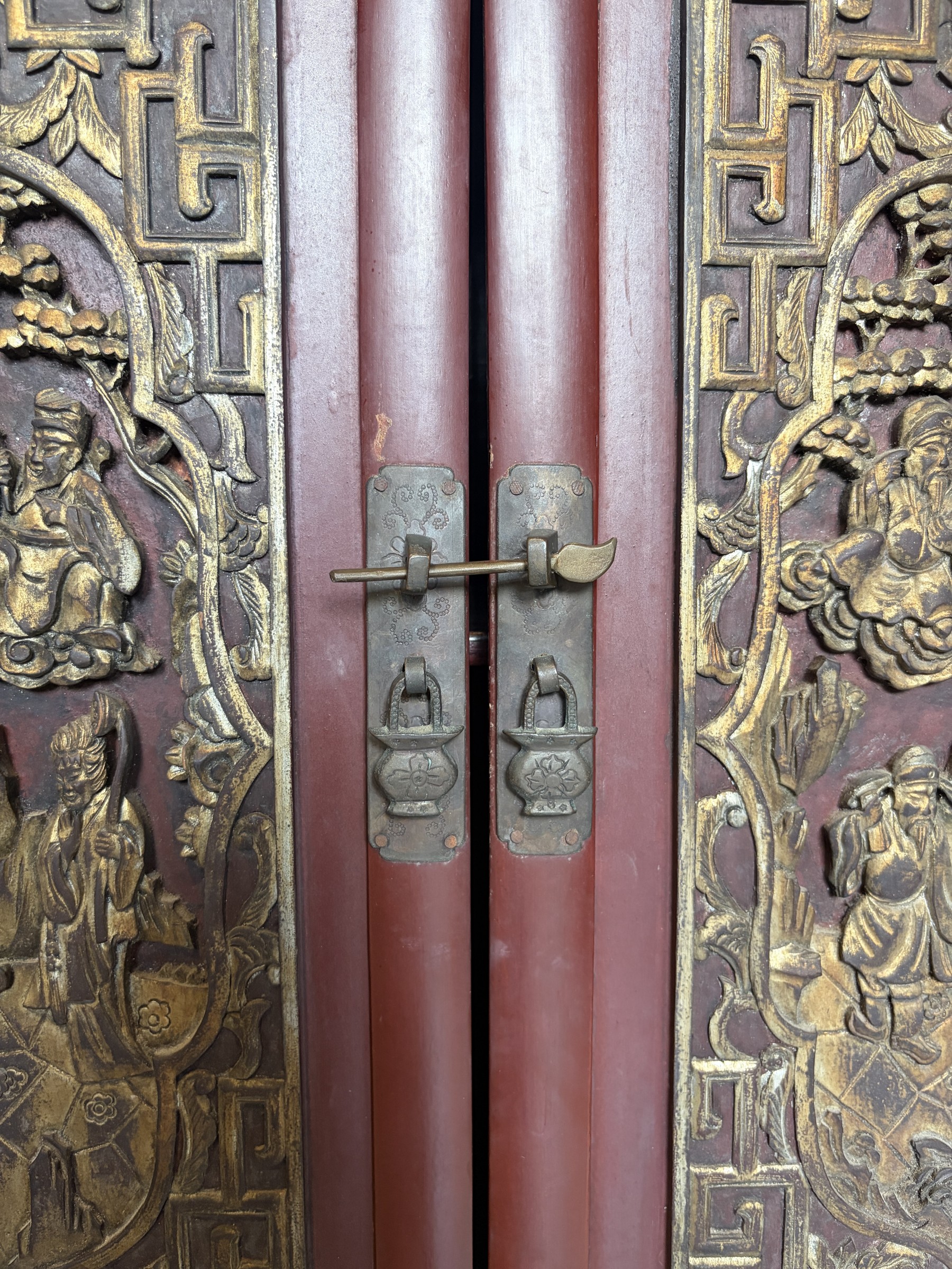Teochew Red Lacquer Cabinet with Gilt Carved Panels view 10