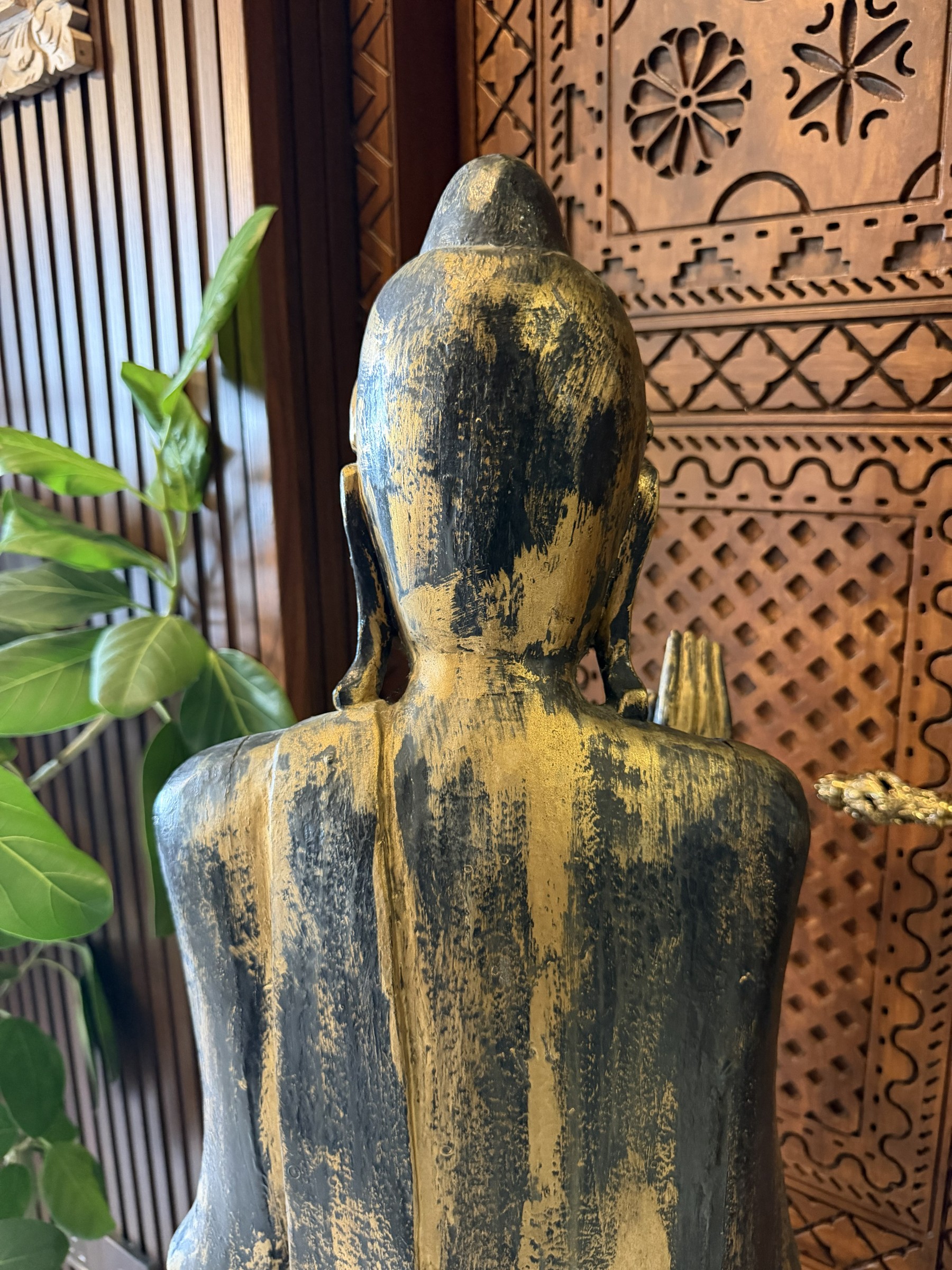 Carved Wood Standing Buddha with Carved Stand view 10