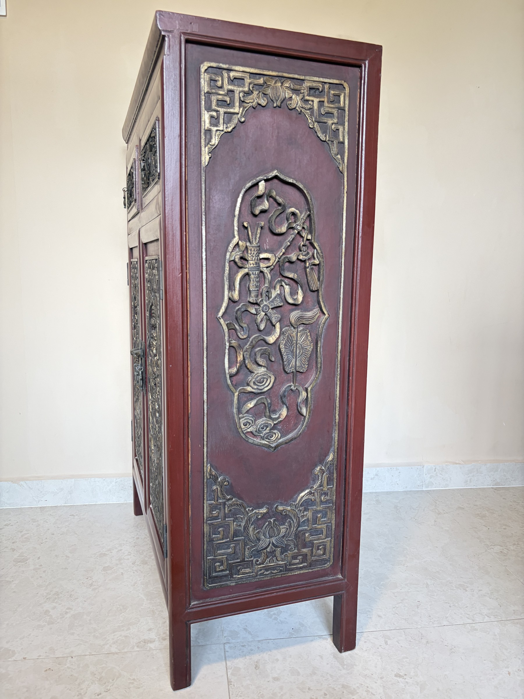 Teochew Red Lacquer Cabinet with Gilt Carved Panels view 11