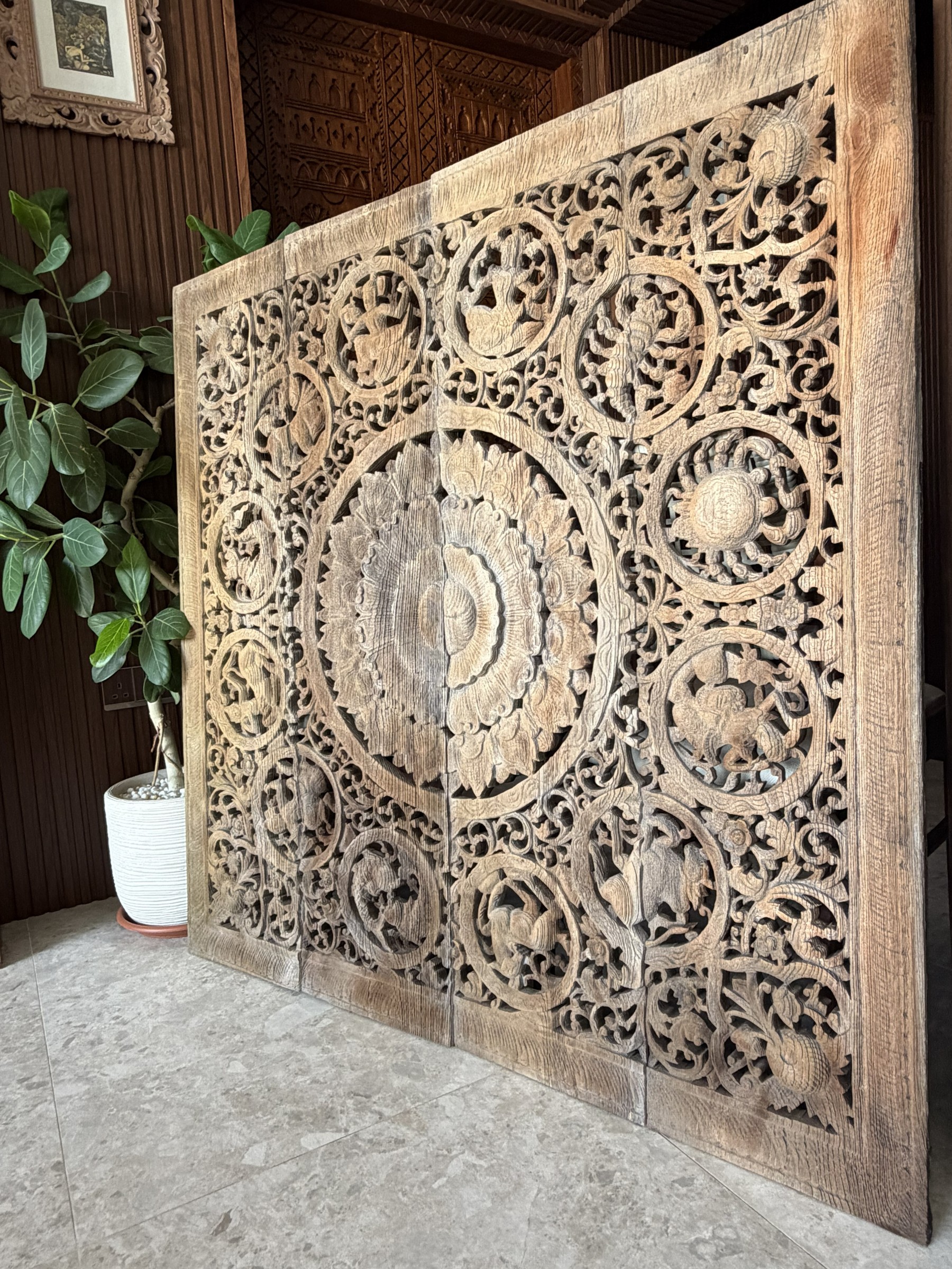 Carved Teak Zodiac Panel Set with Lotus Medallion view 10