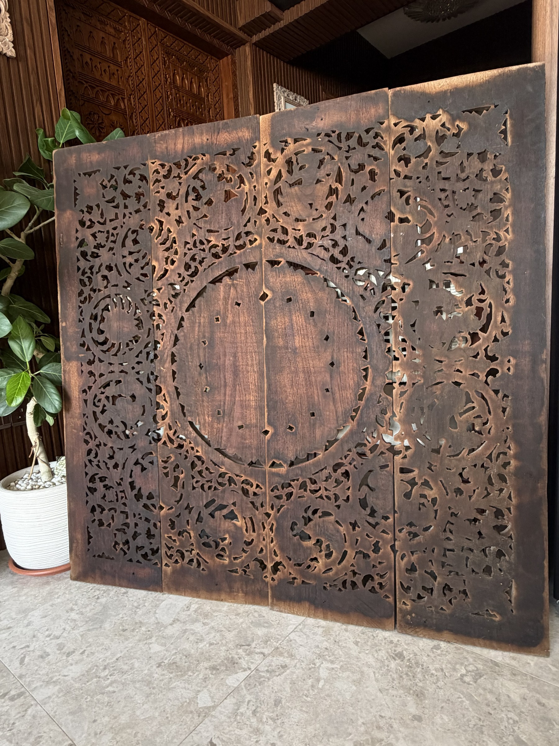 Carved Teak Zodiac Panel Set with Lotus Medallion view 11