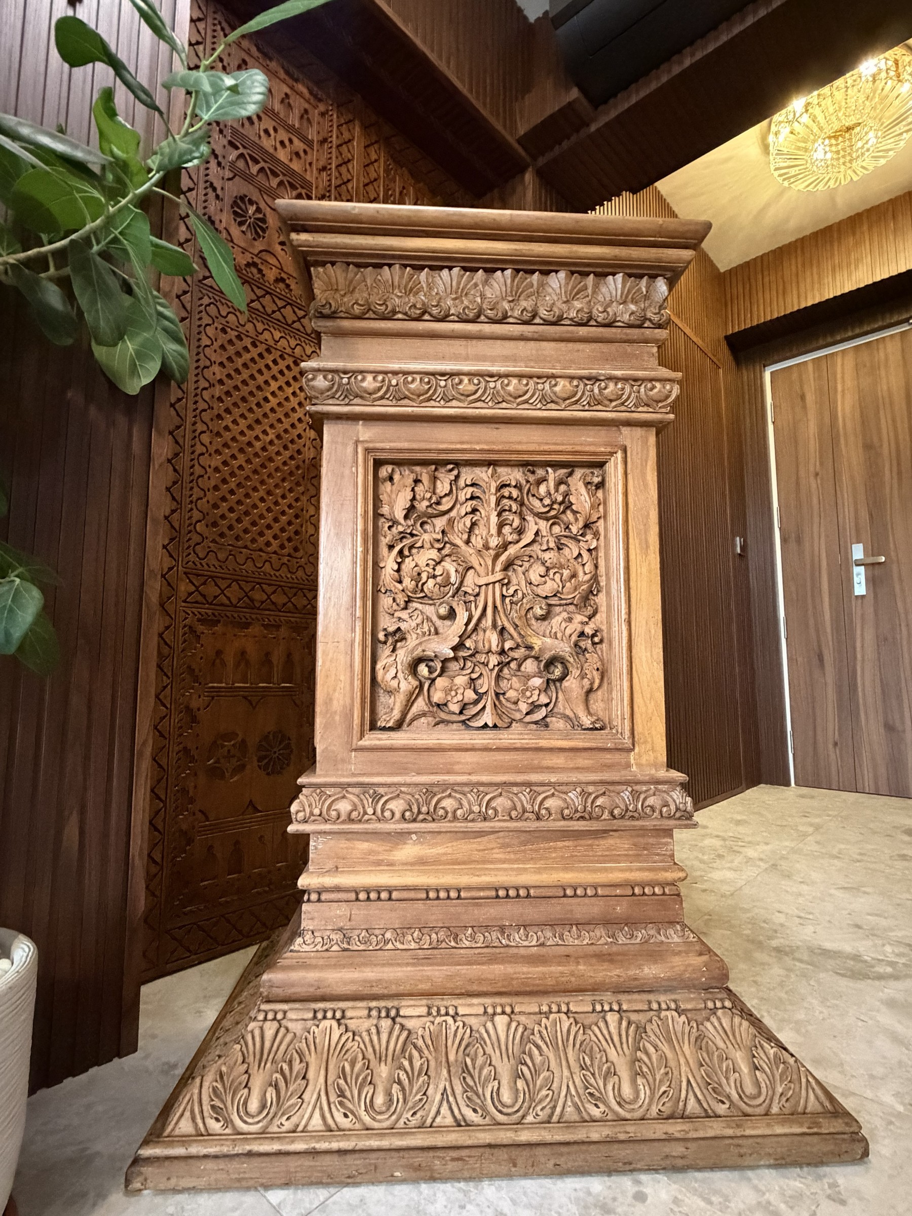Carved Teak Pedestal with Lion and Acanthus Panels view 12