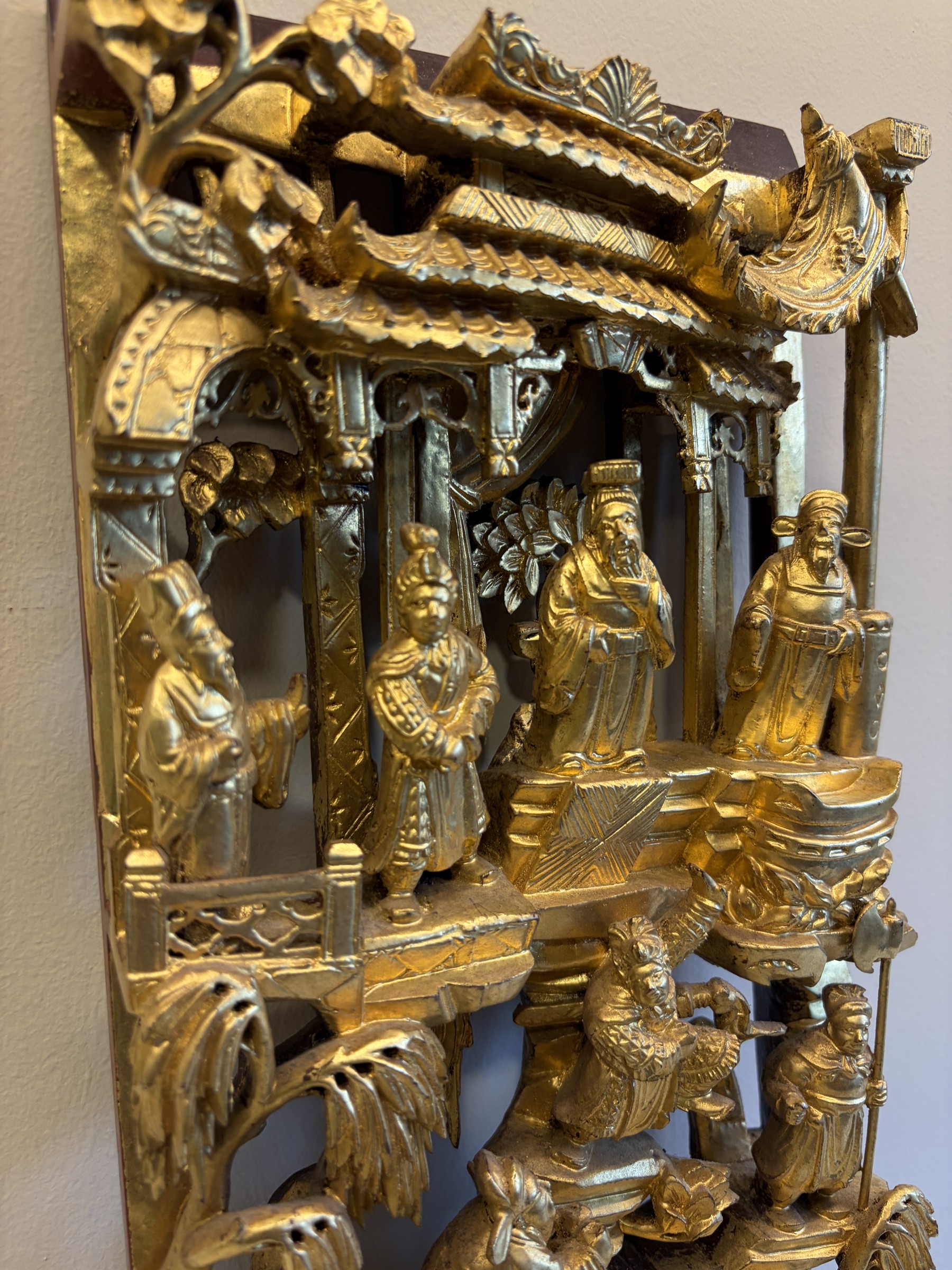 Teochew Gilt Woodcarving Panel with Pavilion Scenes view 12