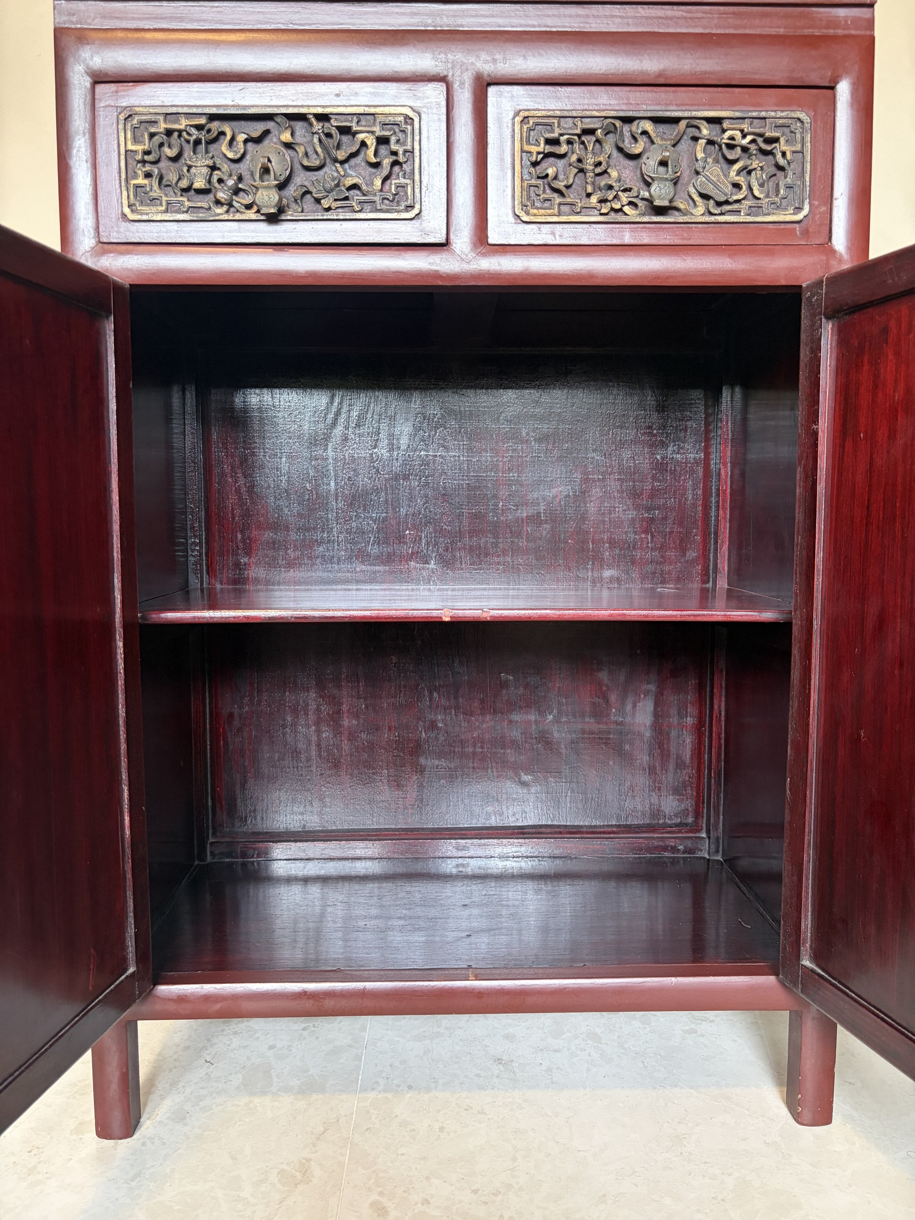Teochew Red Lacquer Cabinet with Gilt Carved Panels view 16