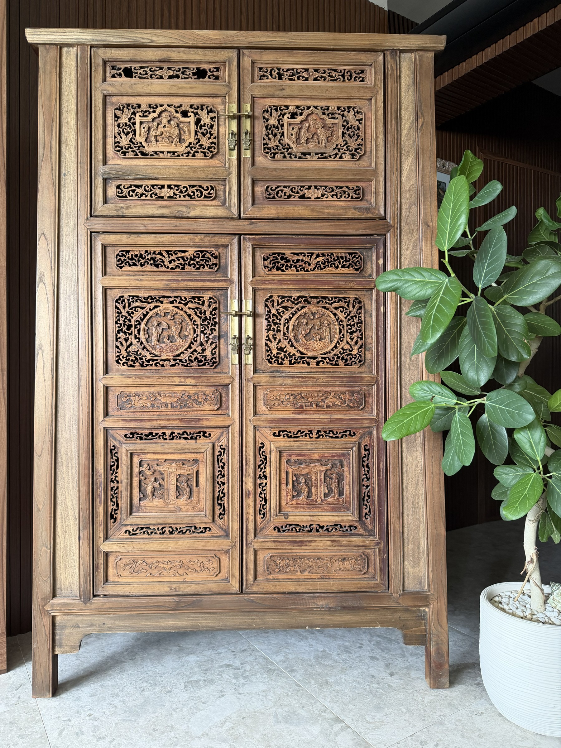 Large Carved Elm Cabinet with Court Figure Panels