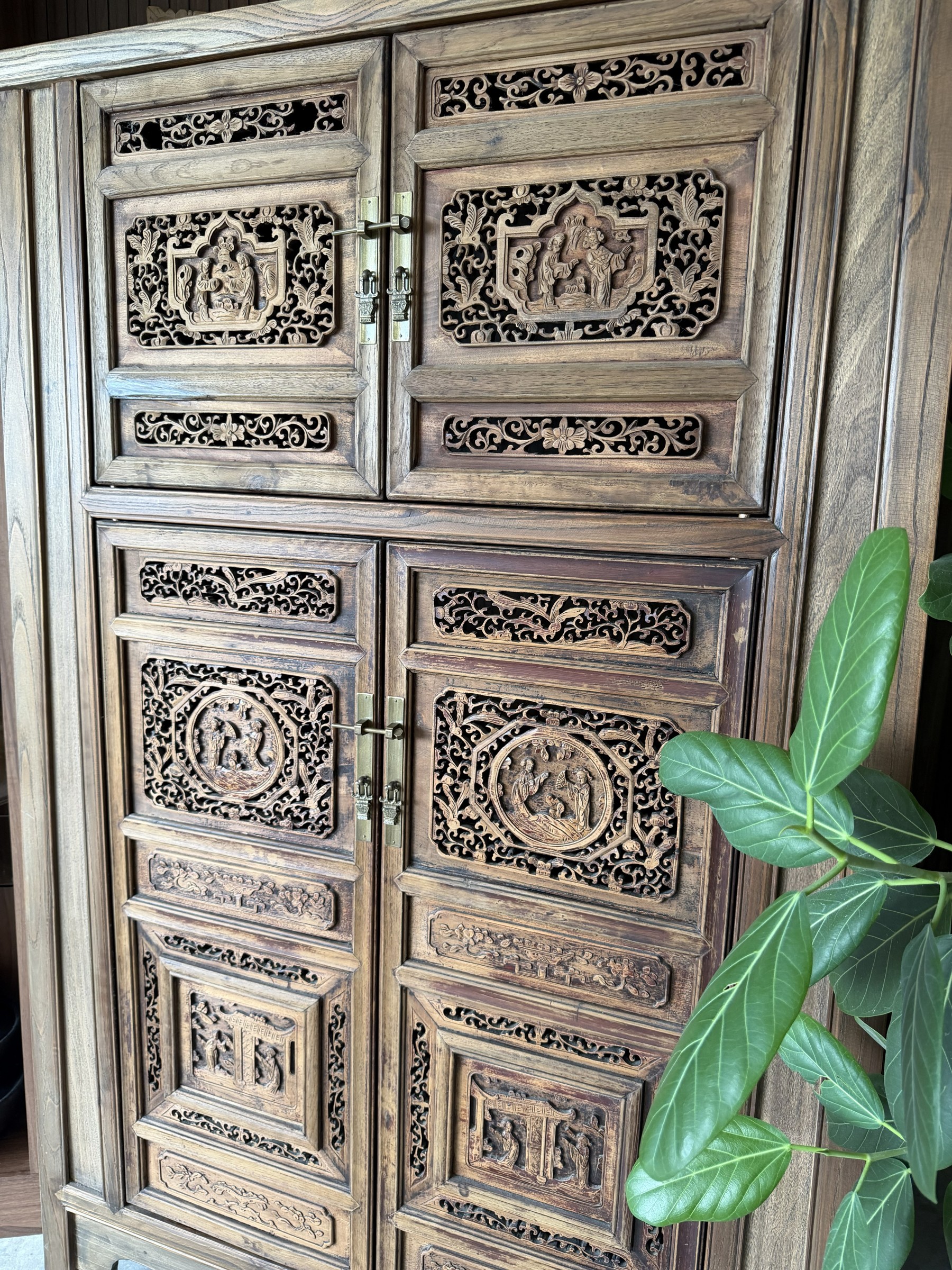 Large Carved Elm Cabinet with Court Figure Panels view 2