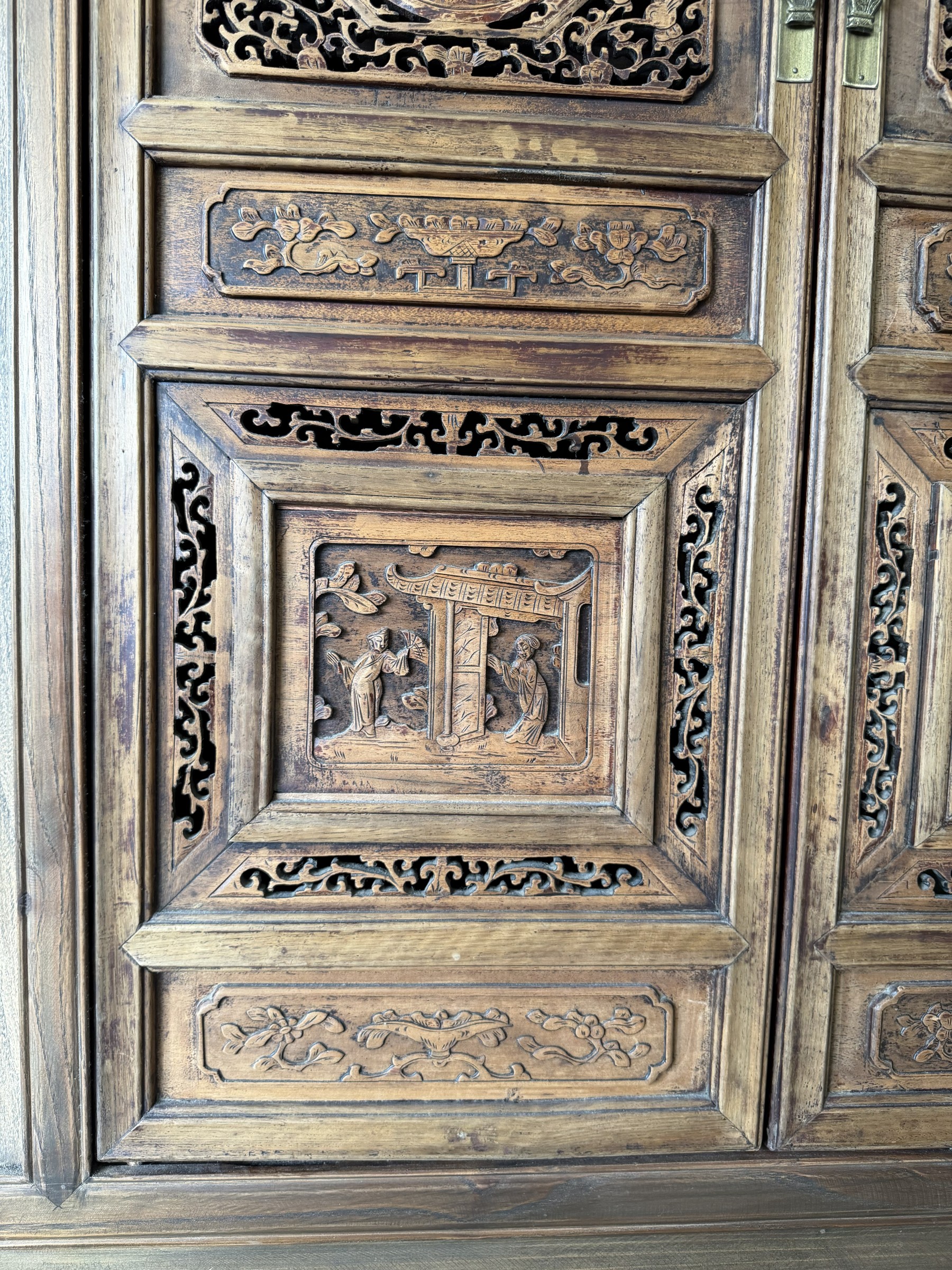 Large Carved Elm Cabinet with Court Figure Panels view 5