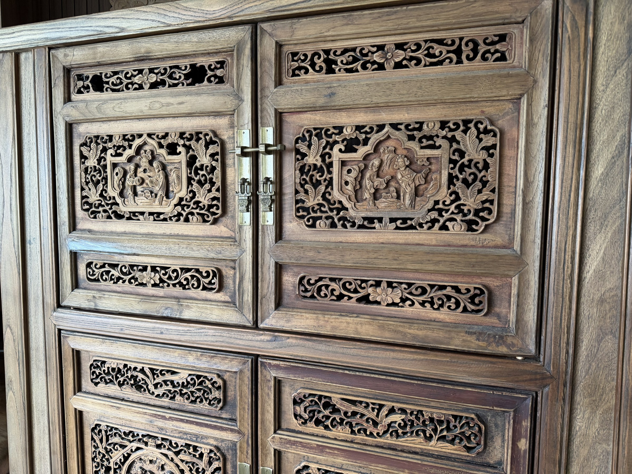 Large Carved Elm Cabinet with Court Figure Panels view 7