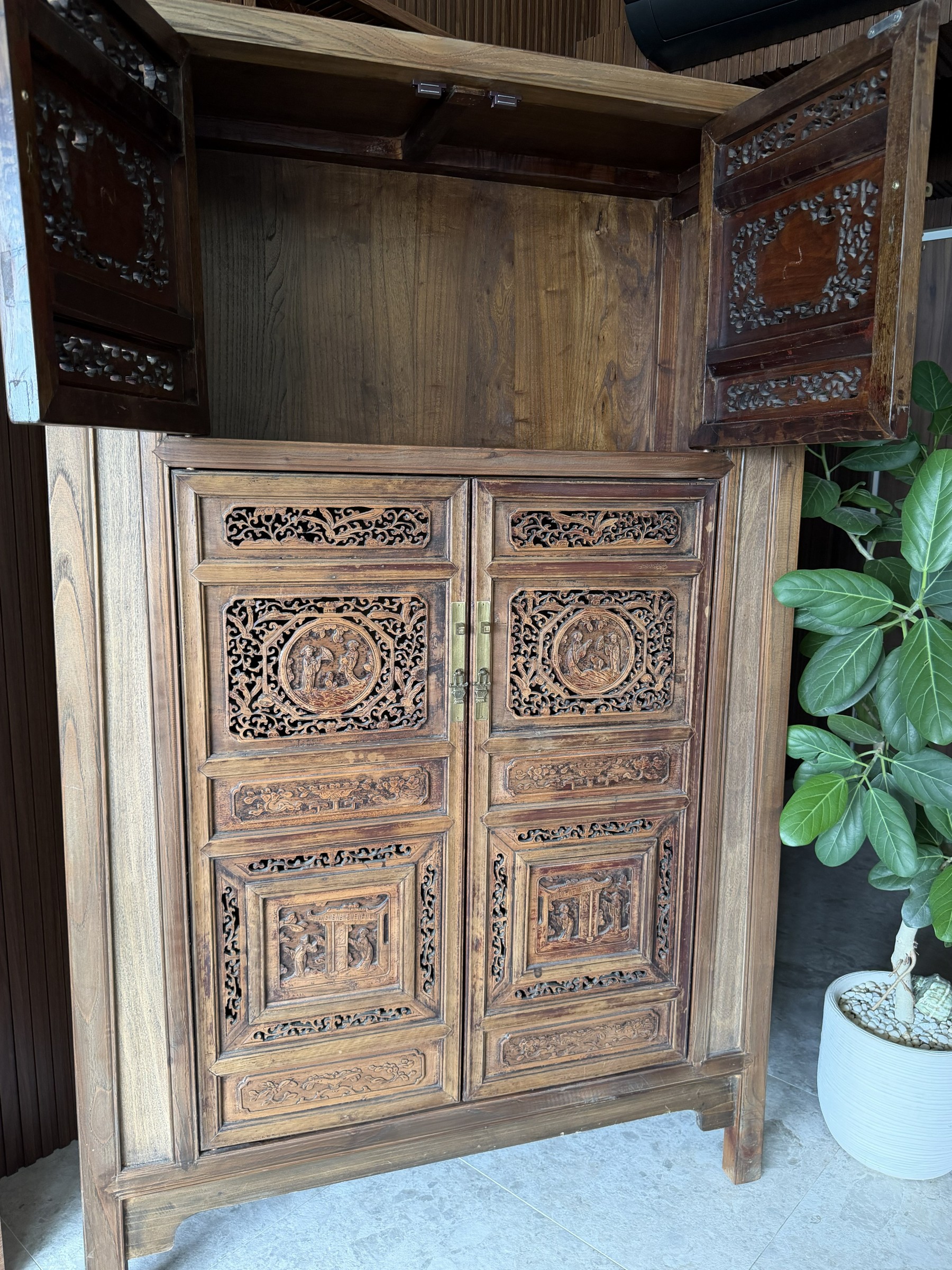 Large Carved Elm Cabinet with Court Figure Panels view 8