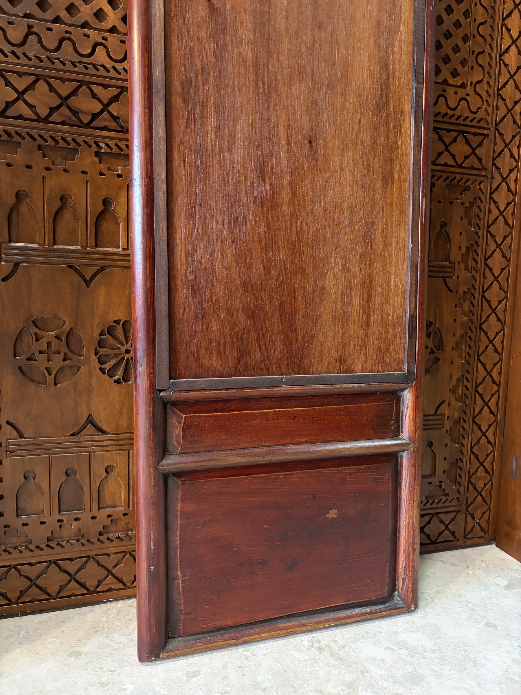 Carved Red Lacquer Mirror with Precious Objects and Figural Panels view 11