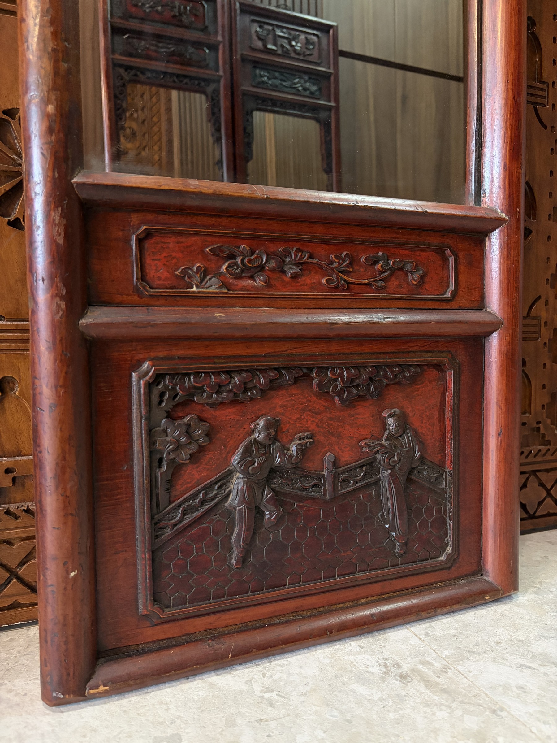 Carved Red Lacquer Mirror with Precious Objects and Figural Panels view 2