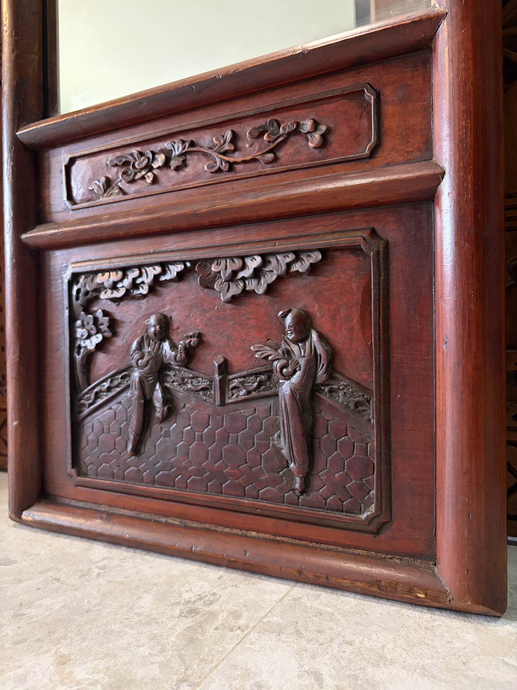 Carved Red Lacquer Mirror with Precious Objects and Figural Panels view 3