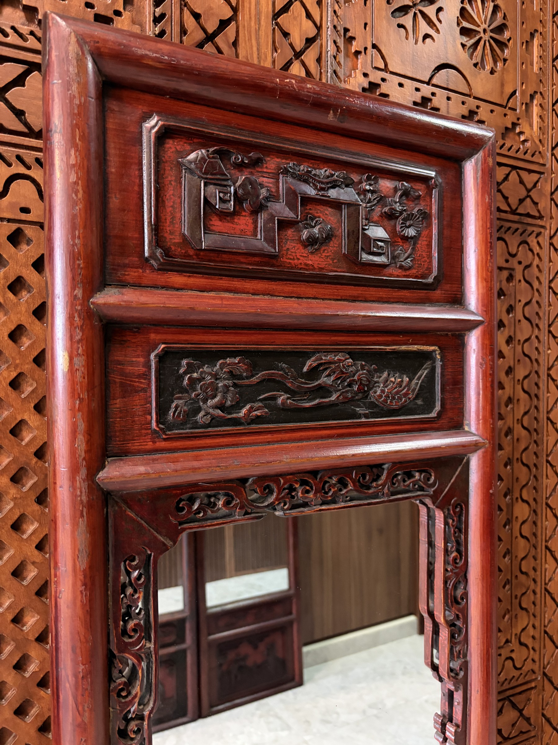 Carved Red Lacquer Mirror with Precious Objects and Figural Panels view 4