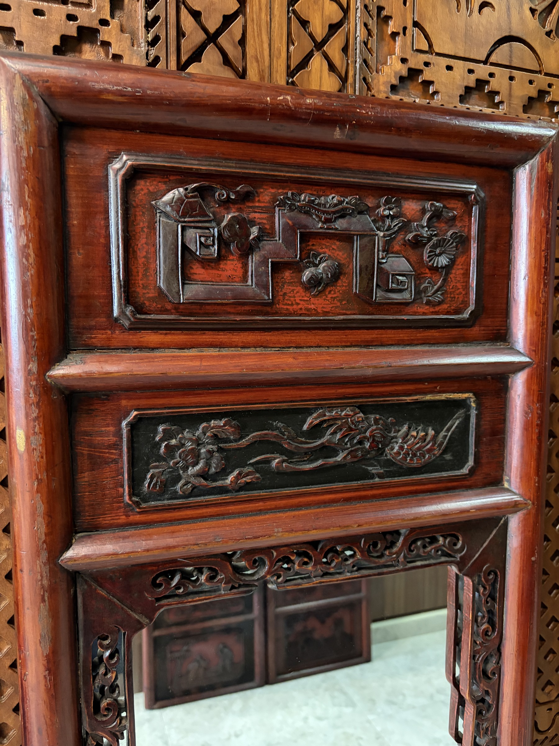 Carved Red Lacquer Mirror with Precious Objects and Figural Panels view 5