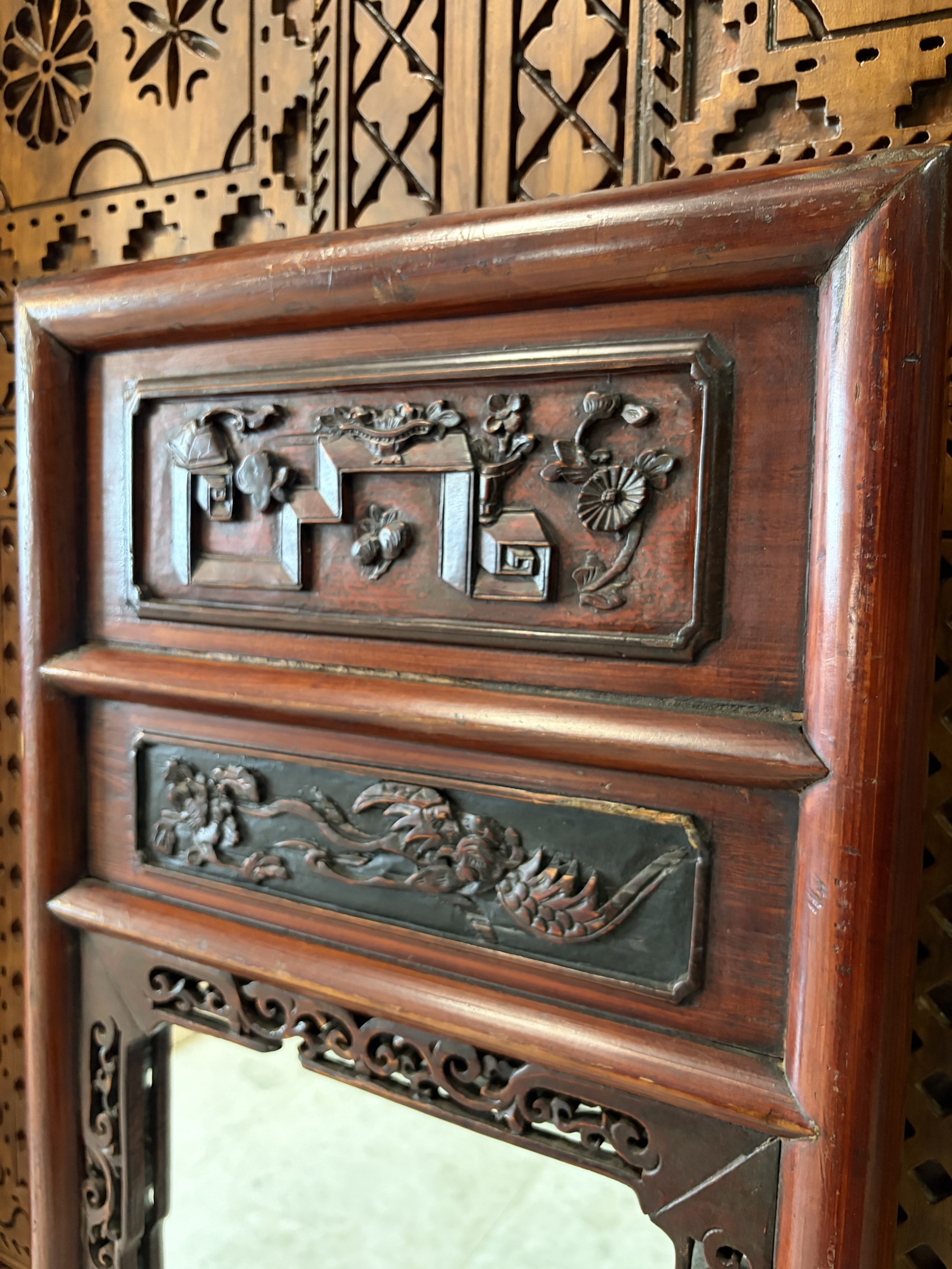 Carved Red Lacquer Mirror with Precious Objects and Figural Panels view 6