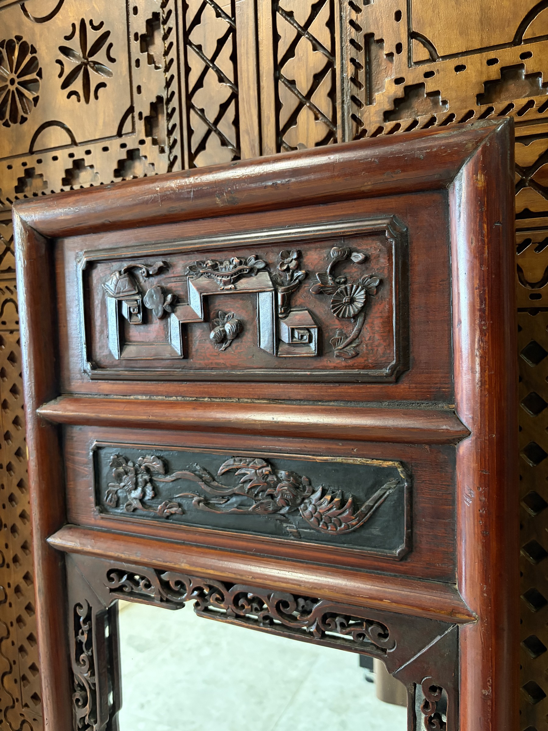Carved Red Lacquer Mirror with Precious Objects and Figural Panels view 8