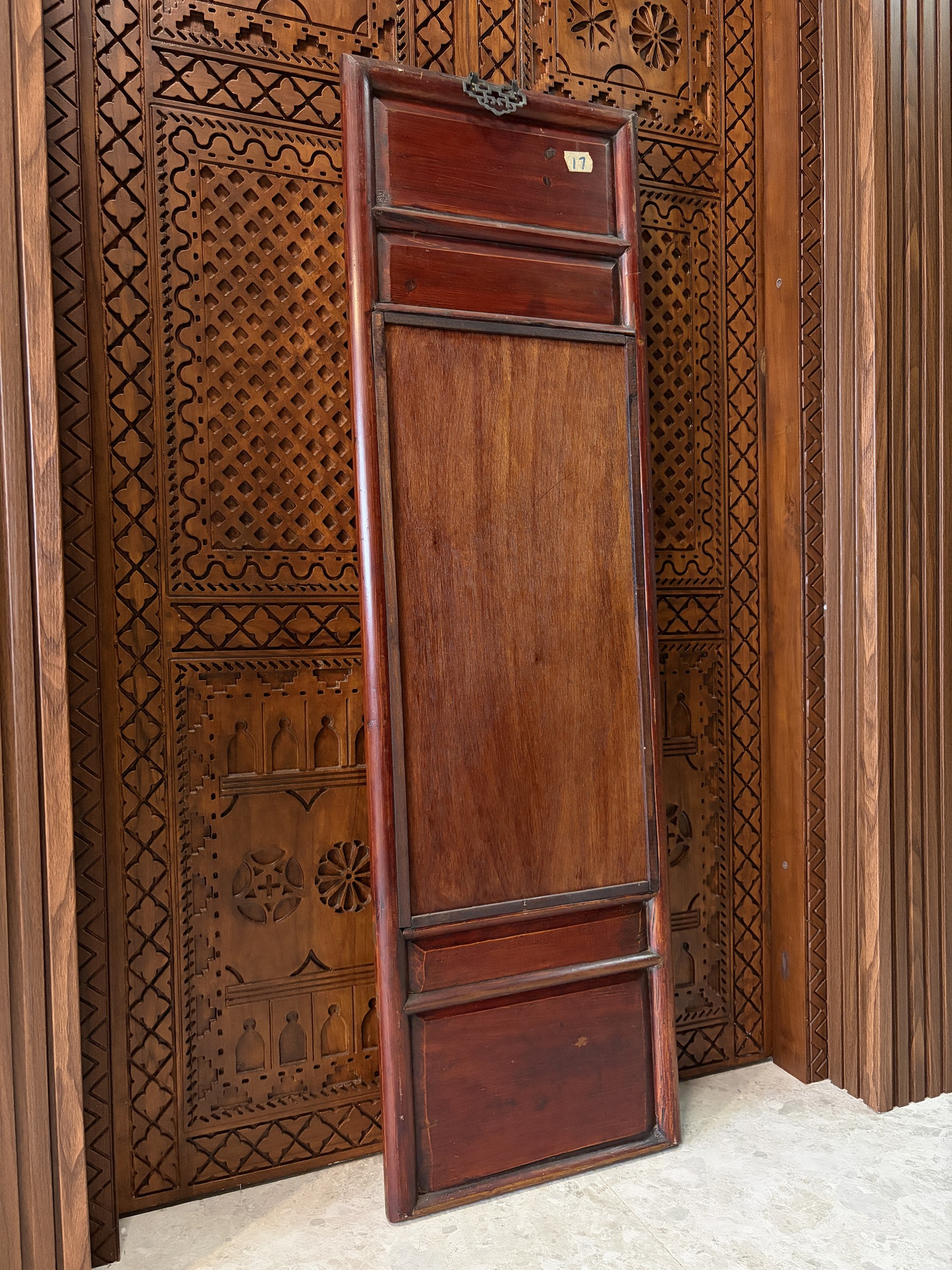 Carved Red Lacquer Mirror with Precious Objects and Figural Panels view 9