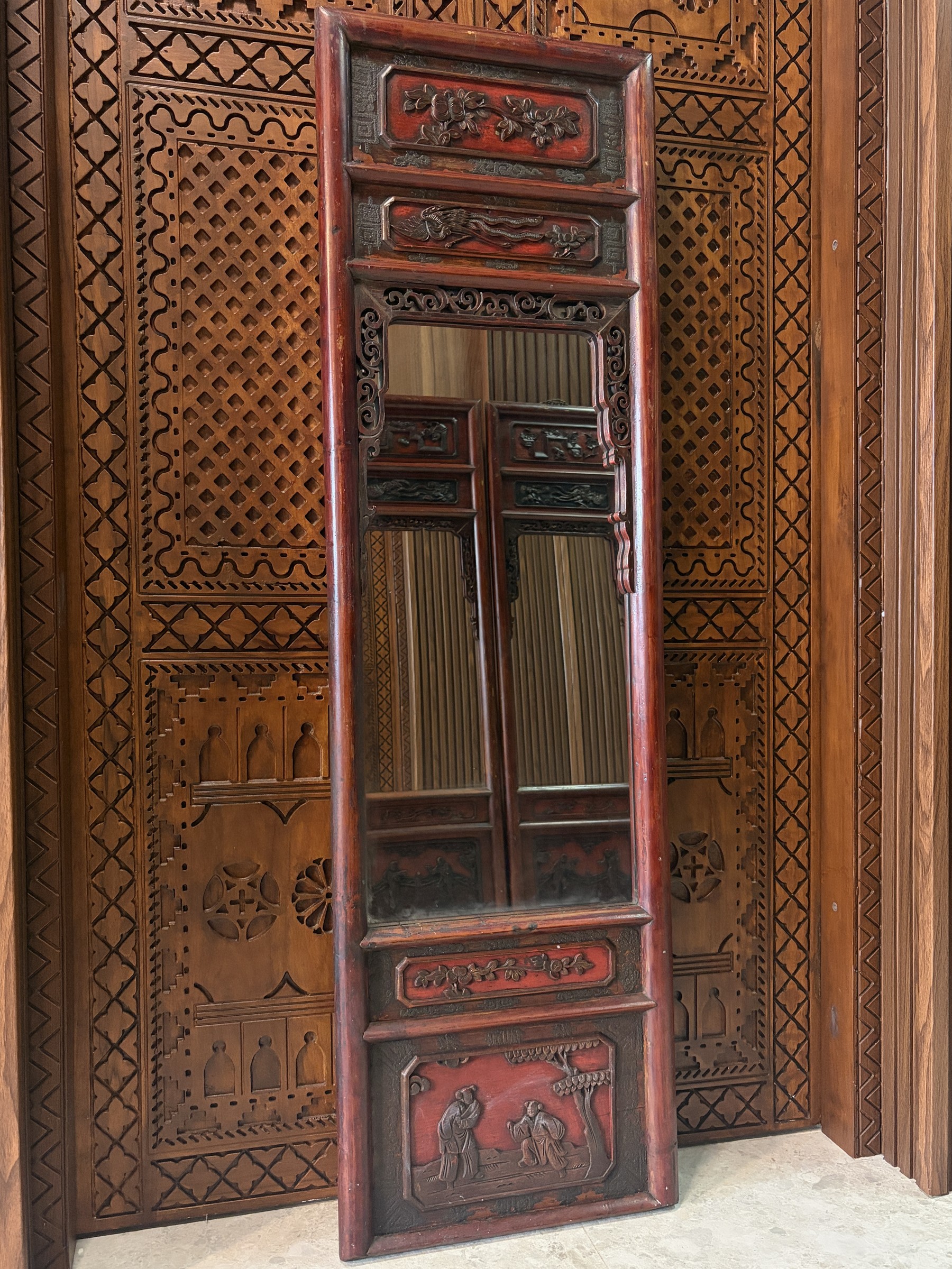 Carved Red Lacquer Mirror with Phoenix and Figural Panels