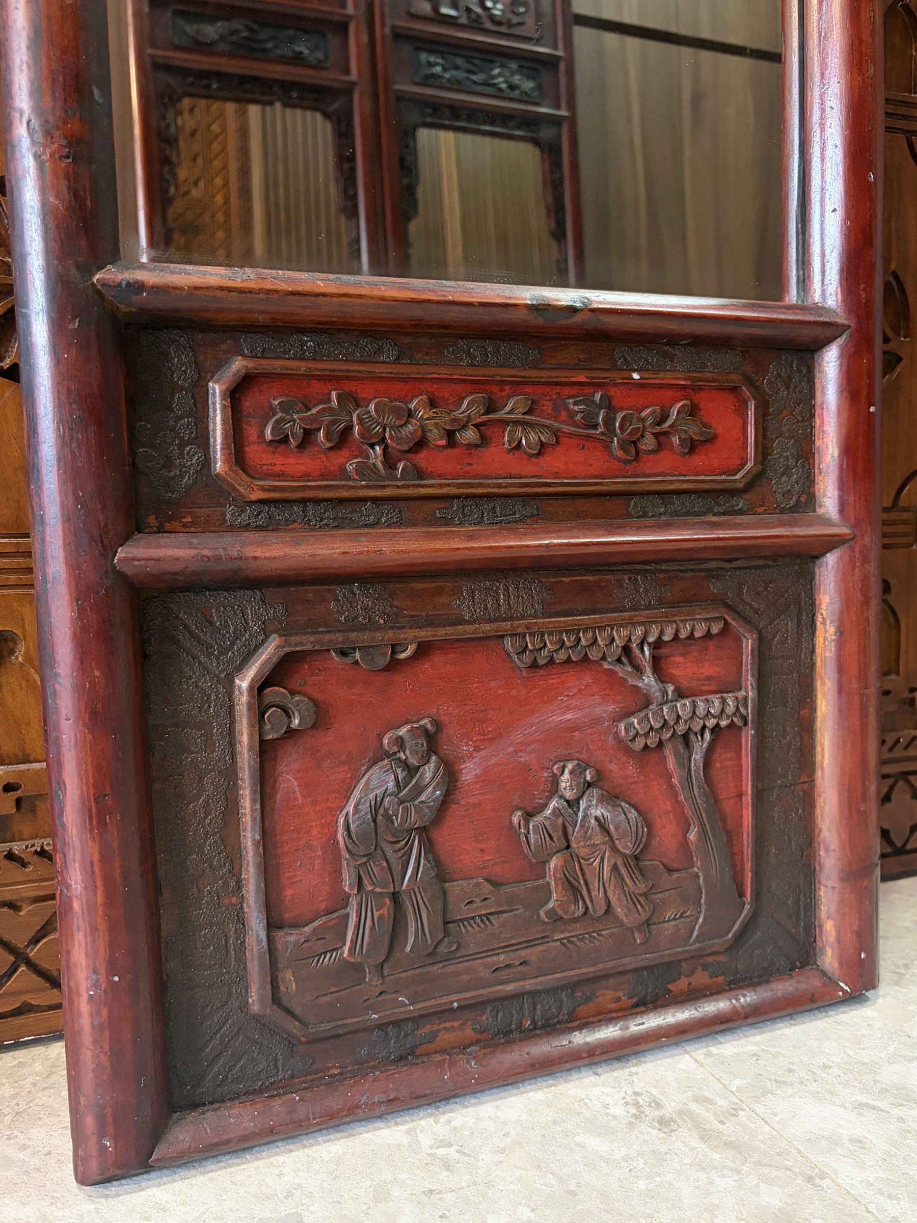 Carved Red Lacquer Mirror with Phoenix and Figural Panels view 2