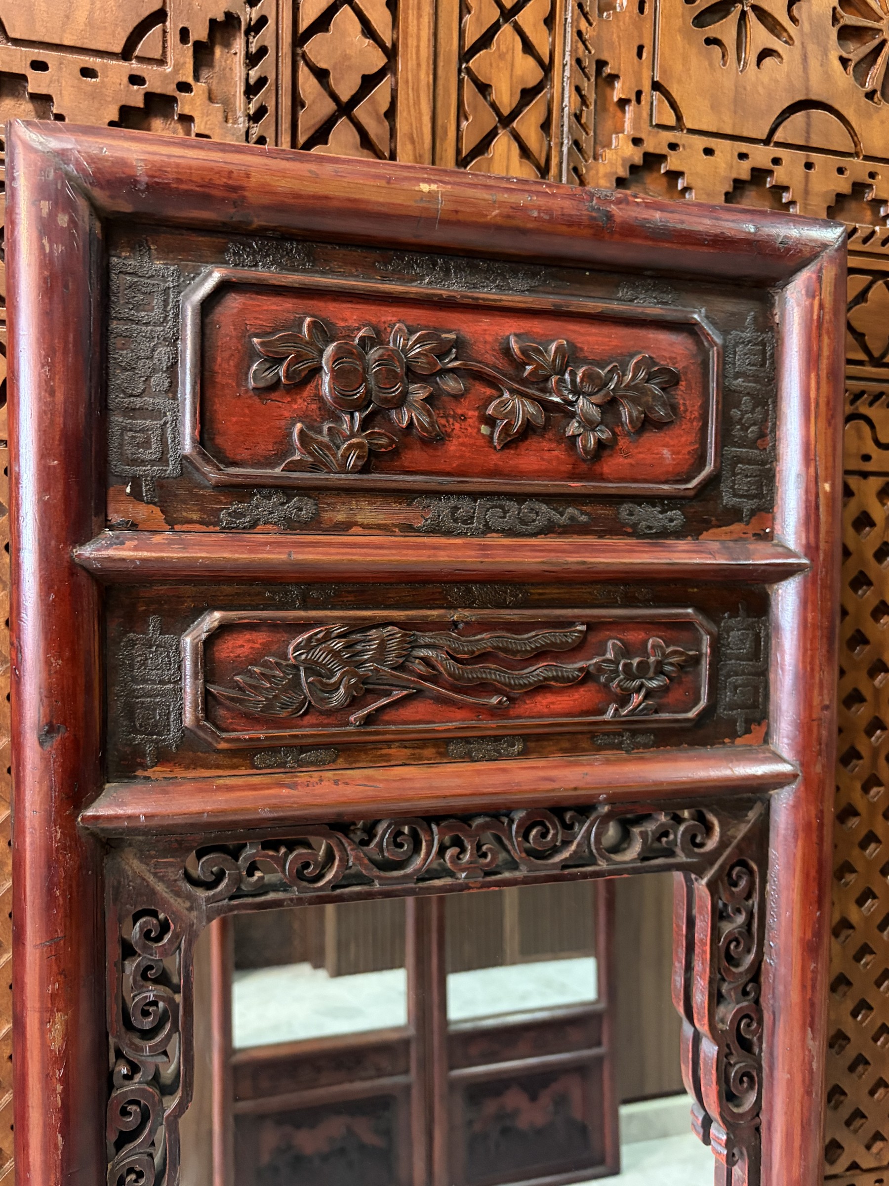 Carved Red Lacquer Mirror with Phoenix and Figural Panels view 3