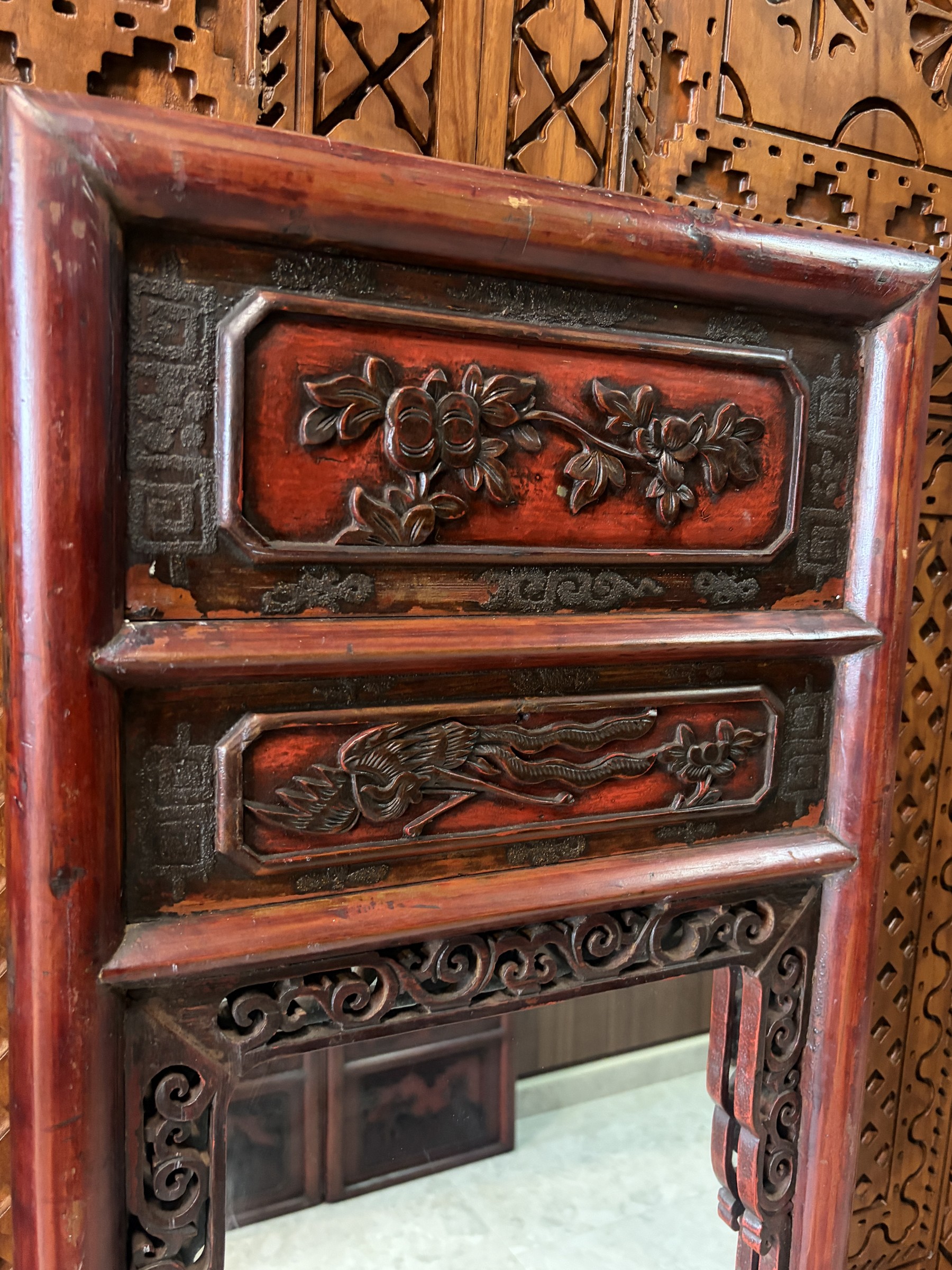 Carved Red Lacquer Mirror with Phoenix and Figural Panels view 4