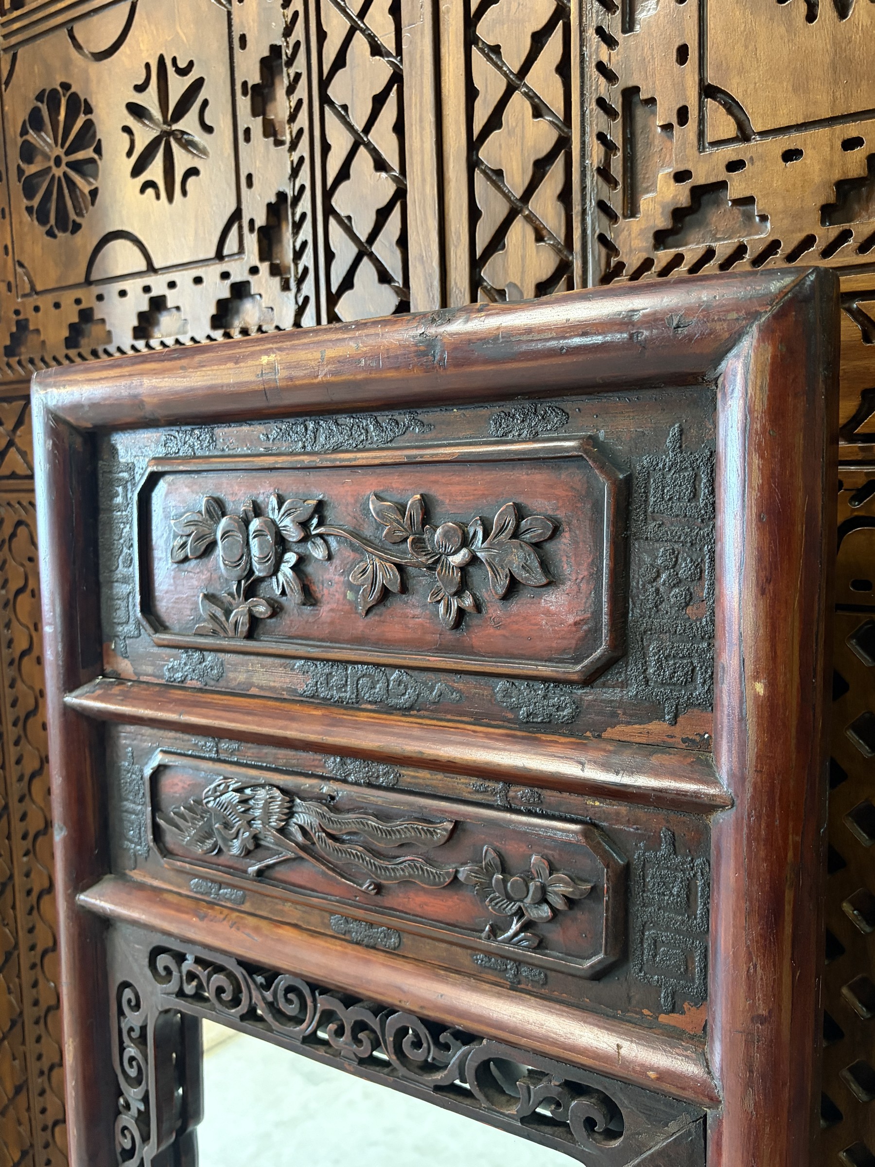 Carved Red Lacquer Mirror with Phoenix and Figural Panels view 5