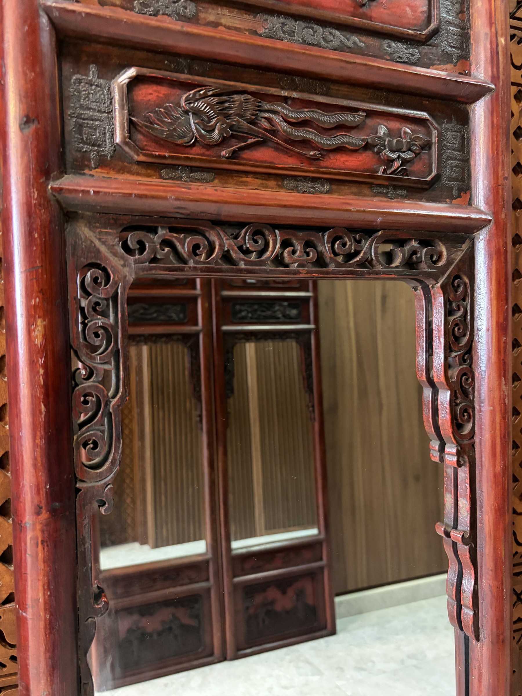 Carved Red Lacquer Mirror with Phoenix and Figural Panels view 6
