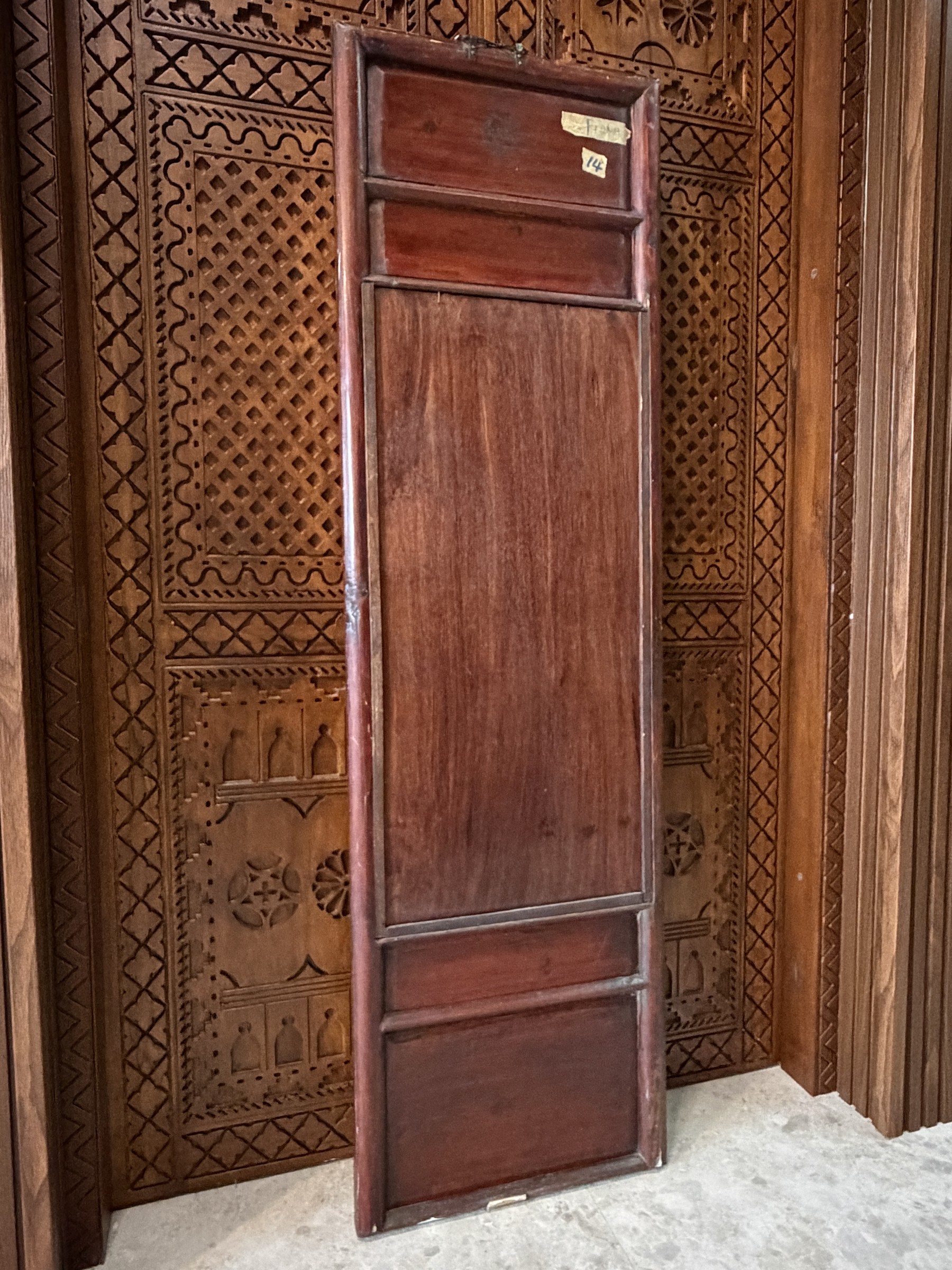 Carved Red Lacquer Mirror with Phoenix and Figural Panels view 7