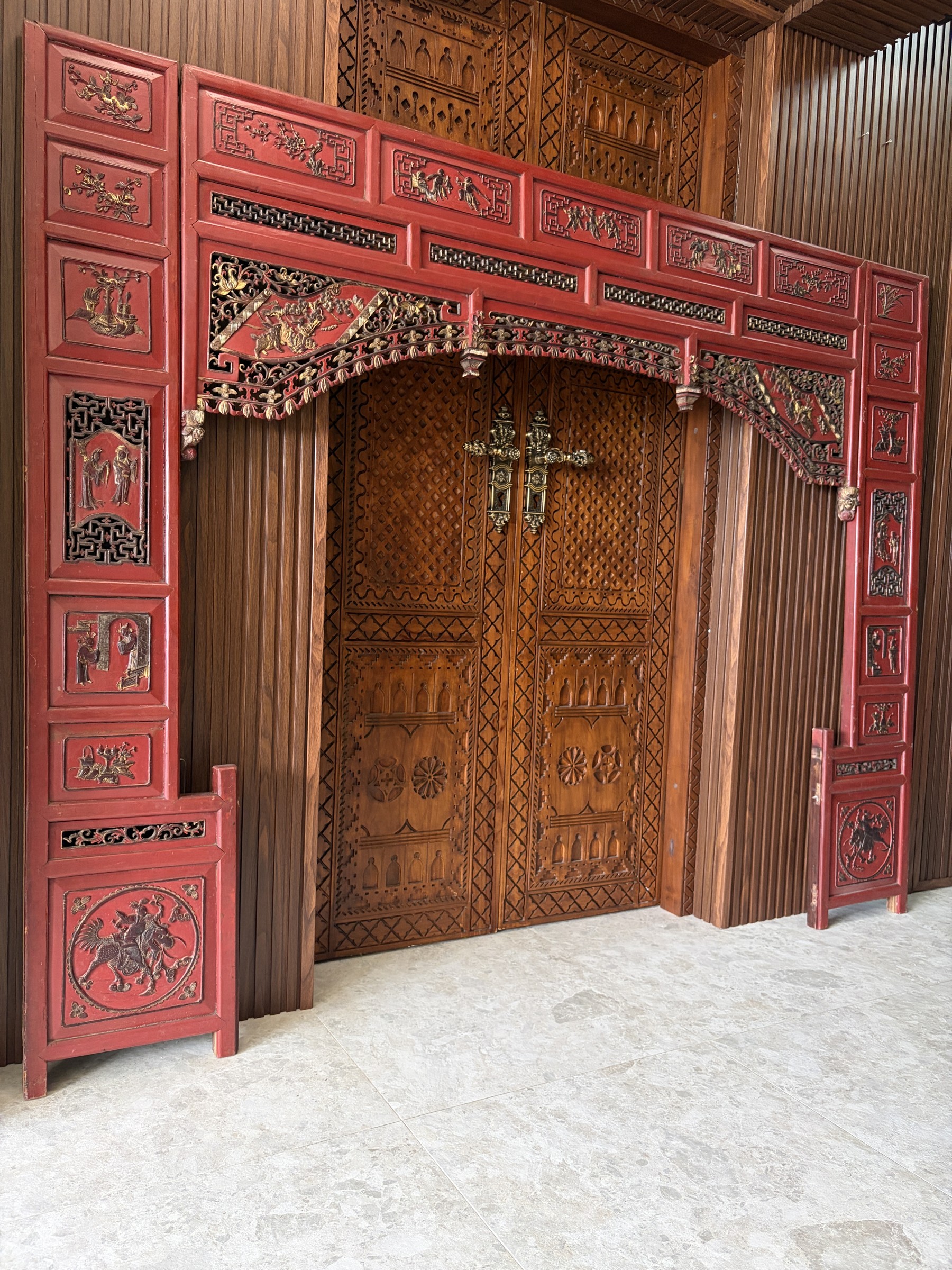 Carved Red Lacquer Door Surround with Gilt Figural Panels