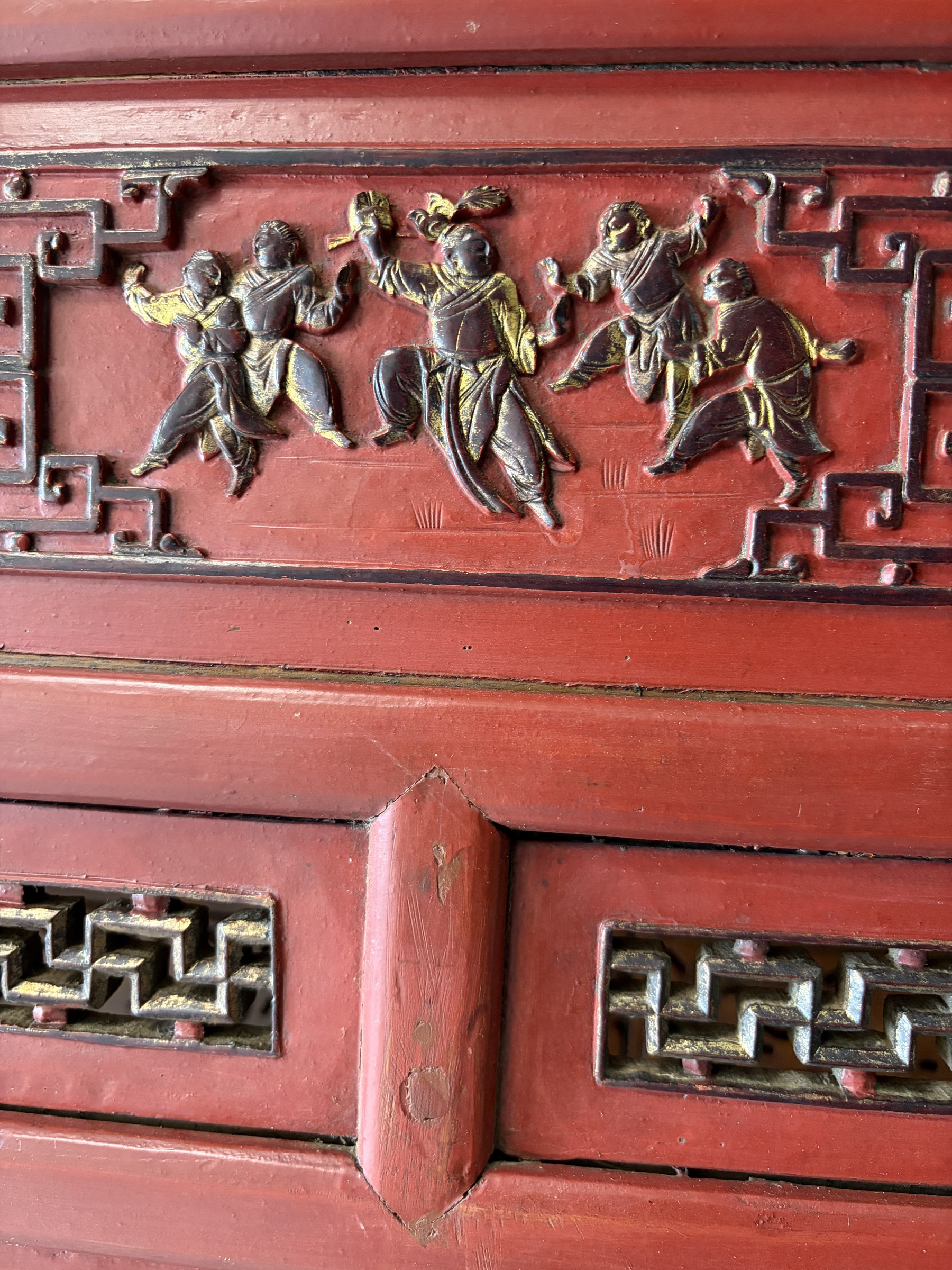 Carved Red Lacquer Door Surround with Gilt Figural Panels view 10