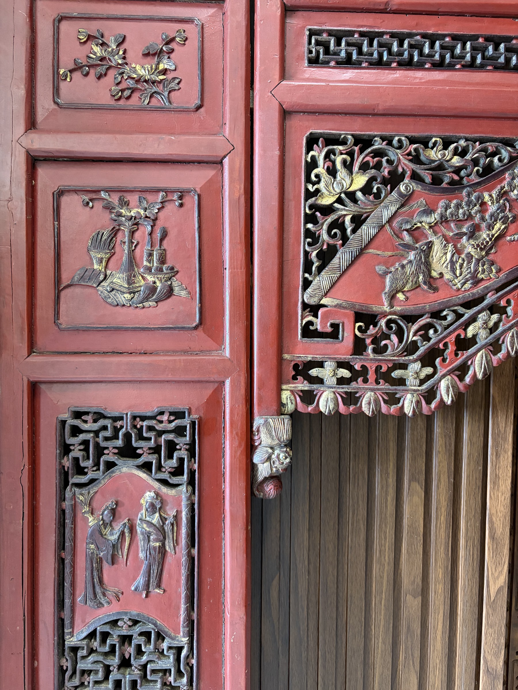 Carved Red Lacquer Door Surround with Gilt Figural Panels view 13