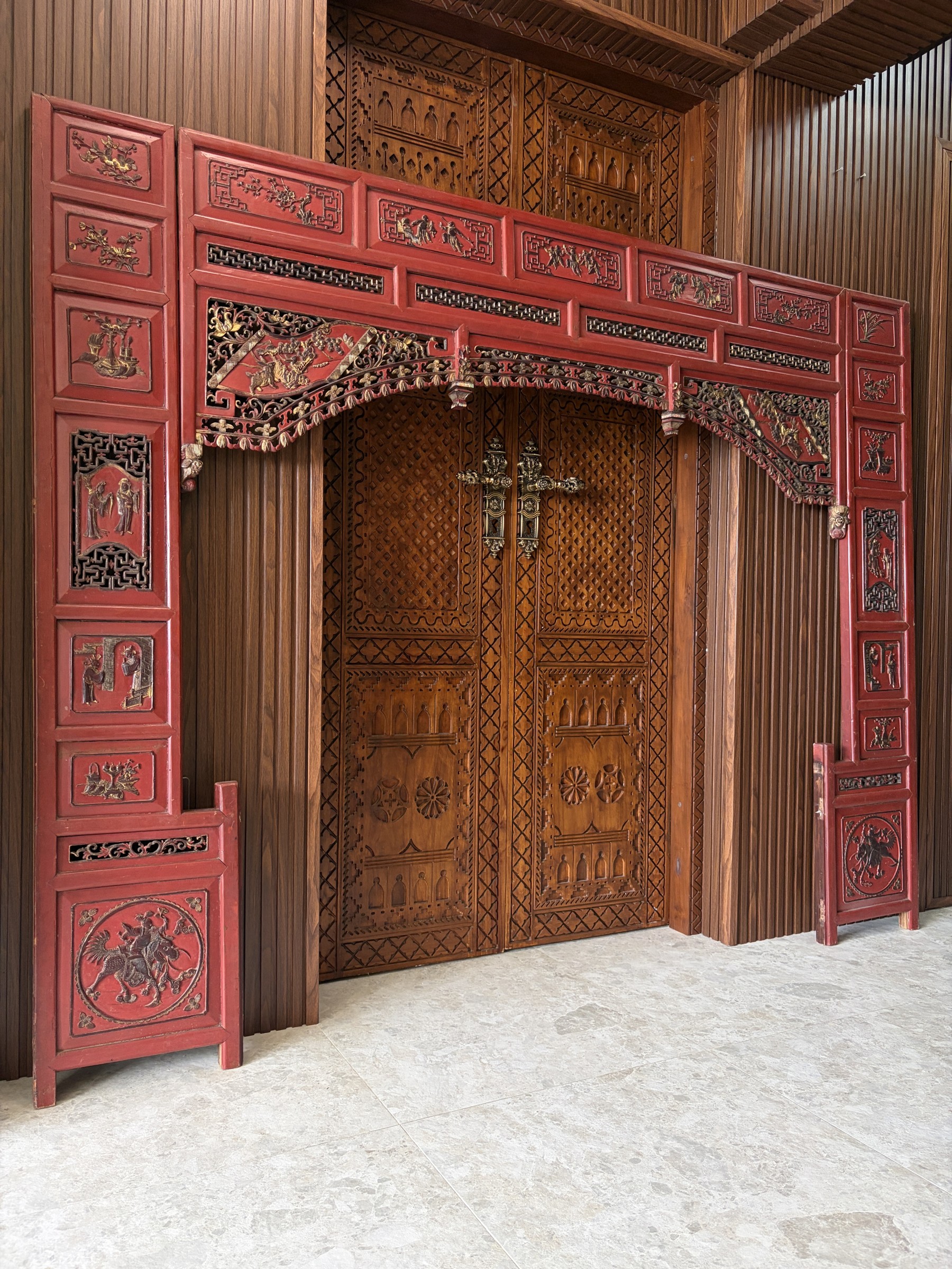 Carved Red Lacquer Door Surround with Gilt Figural Panels view 14