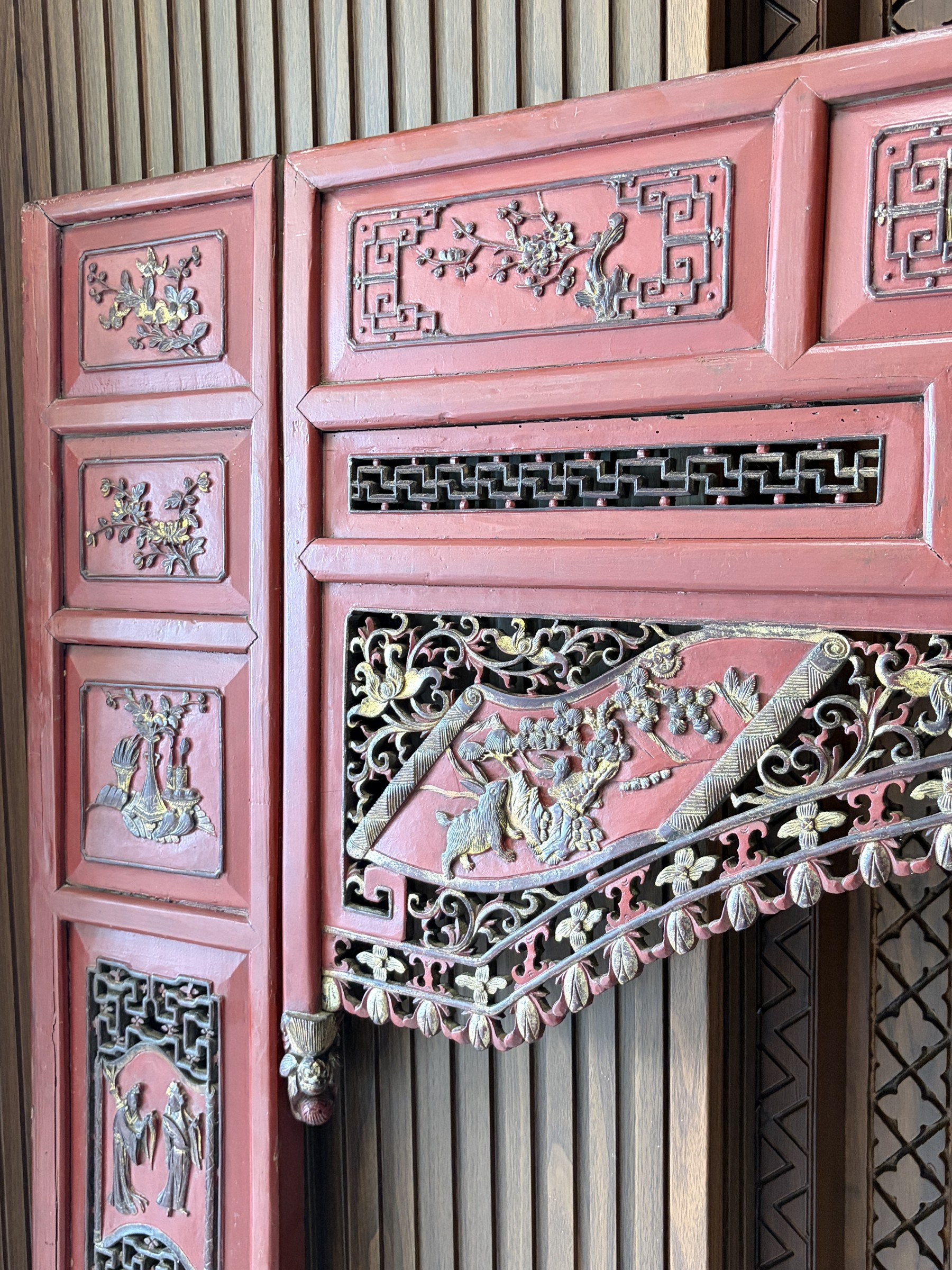 Carved Red Lacquer Door Surround with Gilt Figural Panels view 2