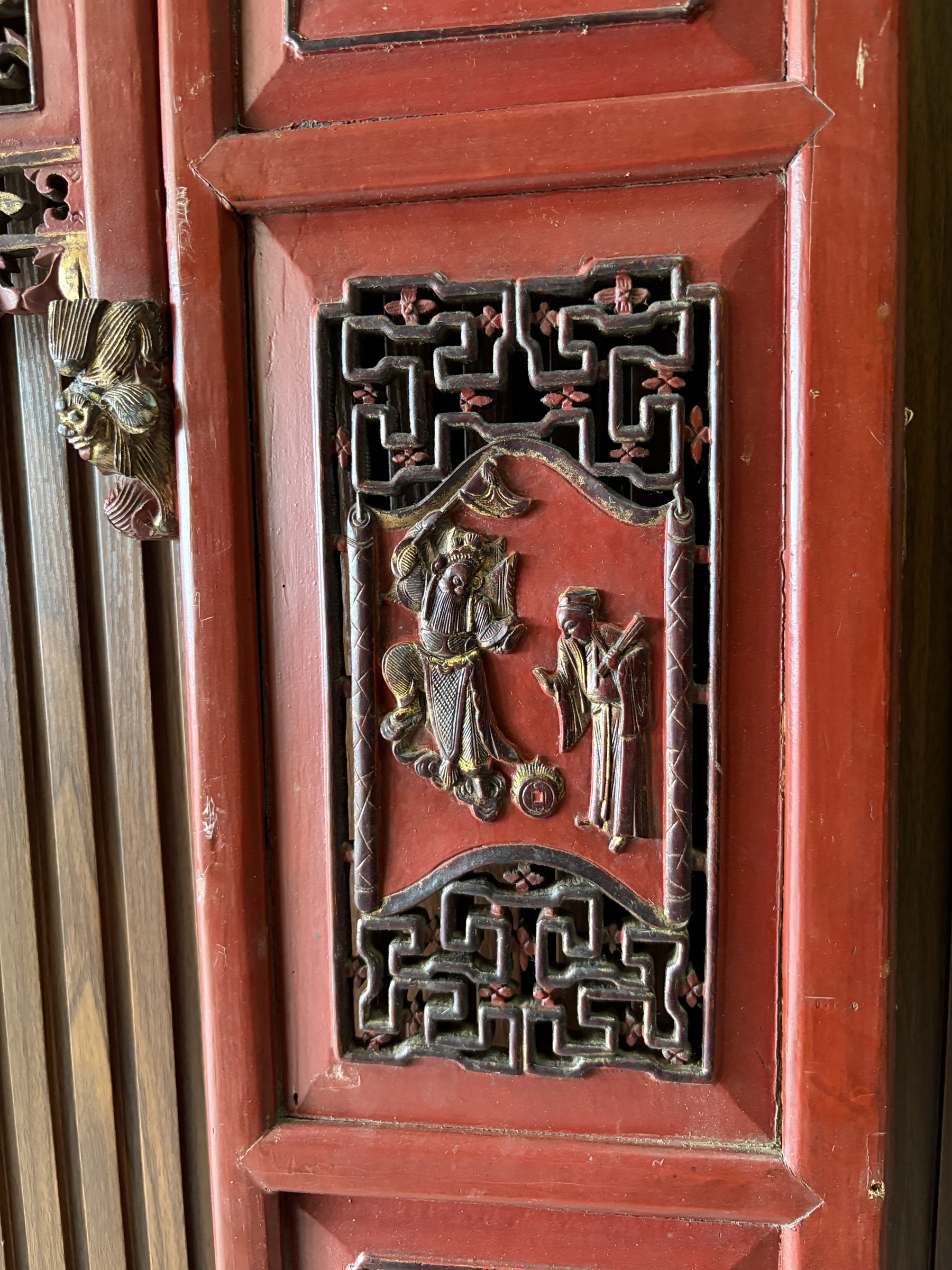 Carved Red Lacquer Door Surround with Gilt Figural Panels view 4