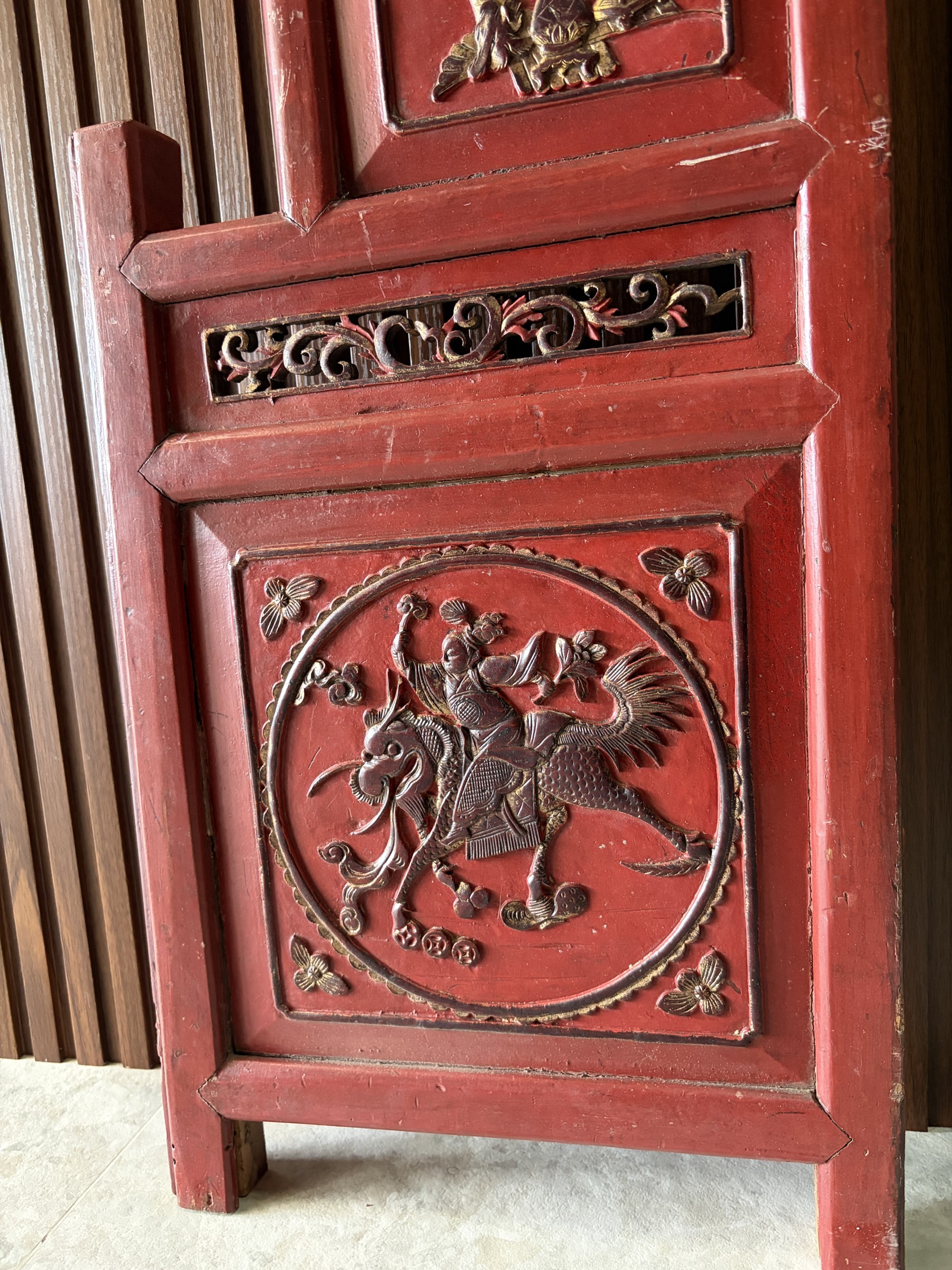 Carved Red Lacquer Door Surround with Gilt Figural Panels view 5