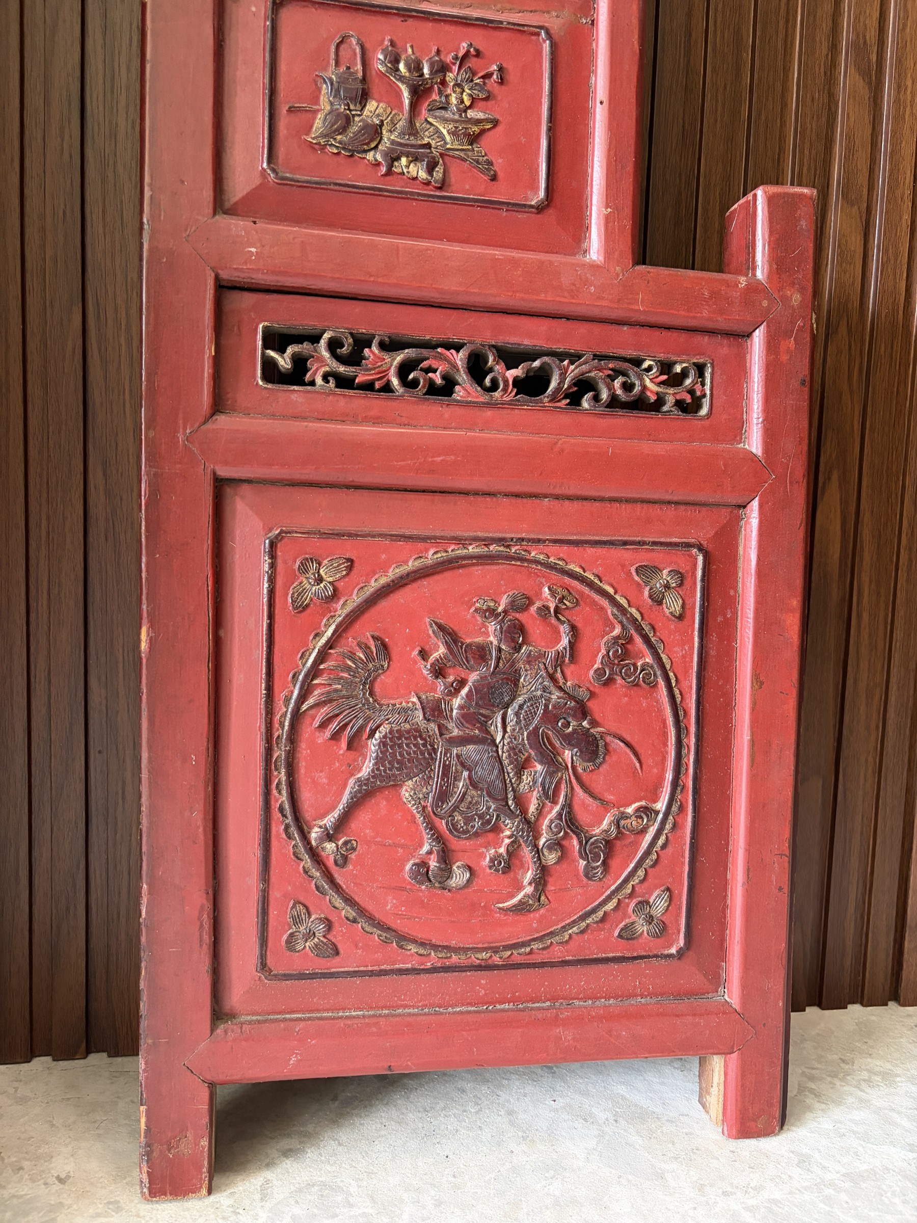 Carved Red Lacquer Door Surround with Gilt Figural Panels view 6