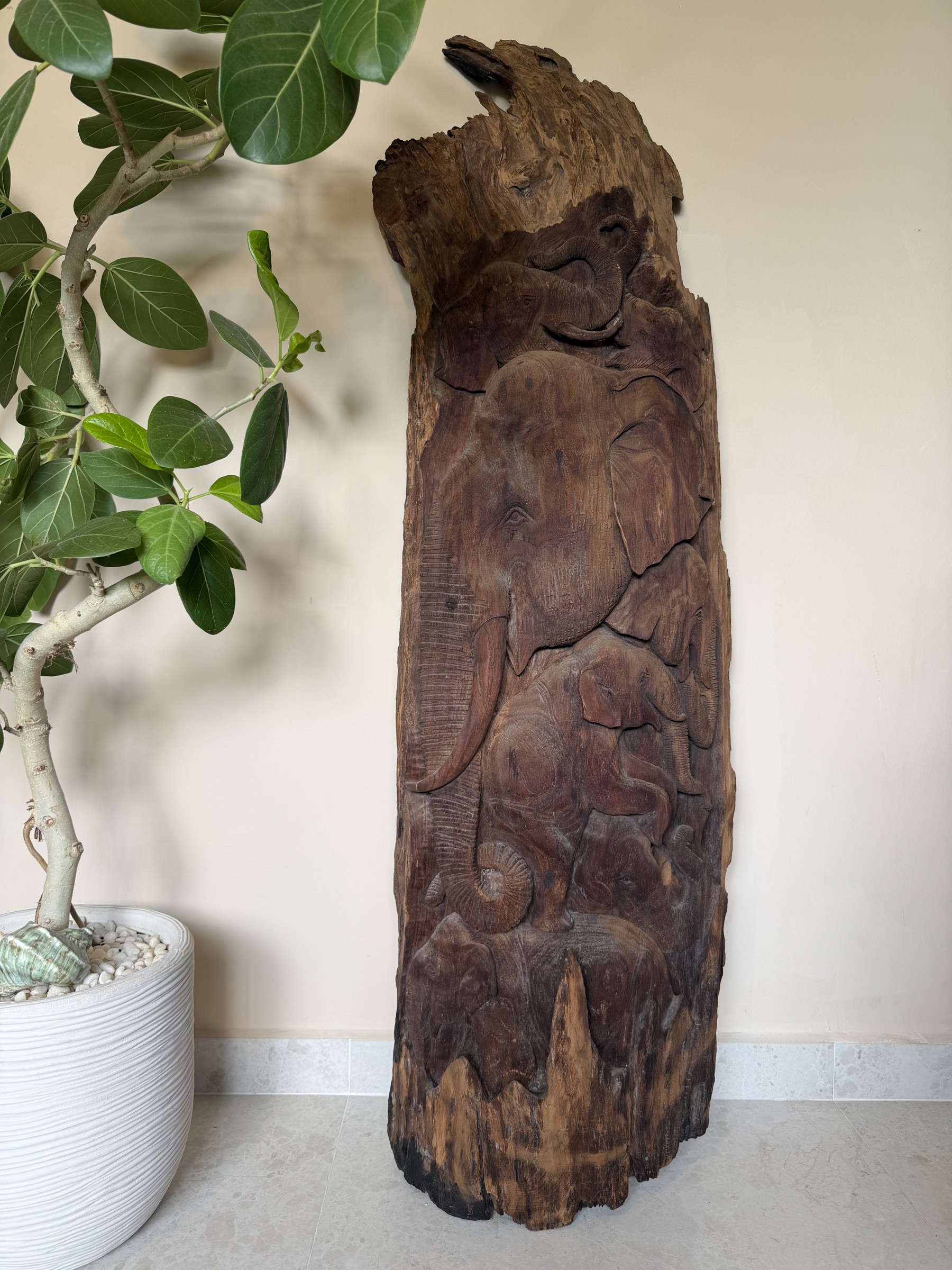 Elephant Herd Tree Trunk Relief
